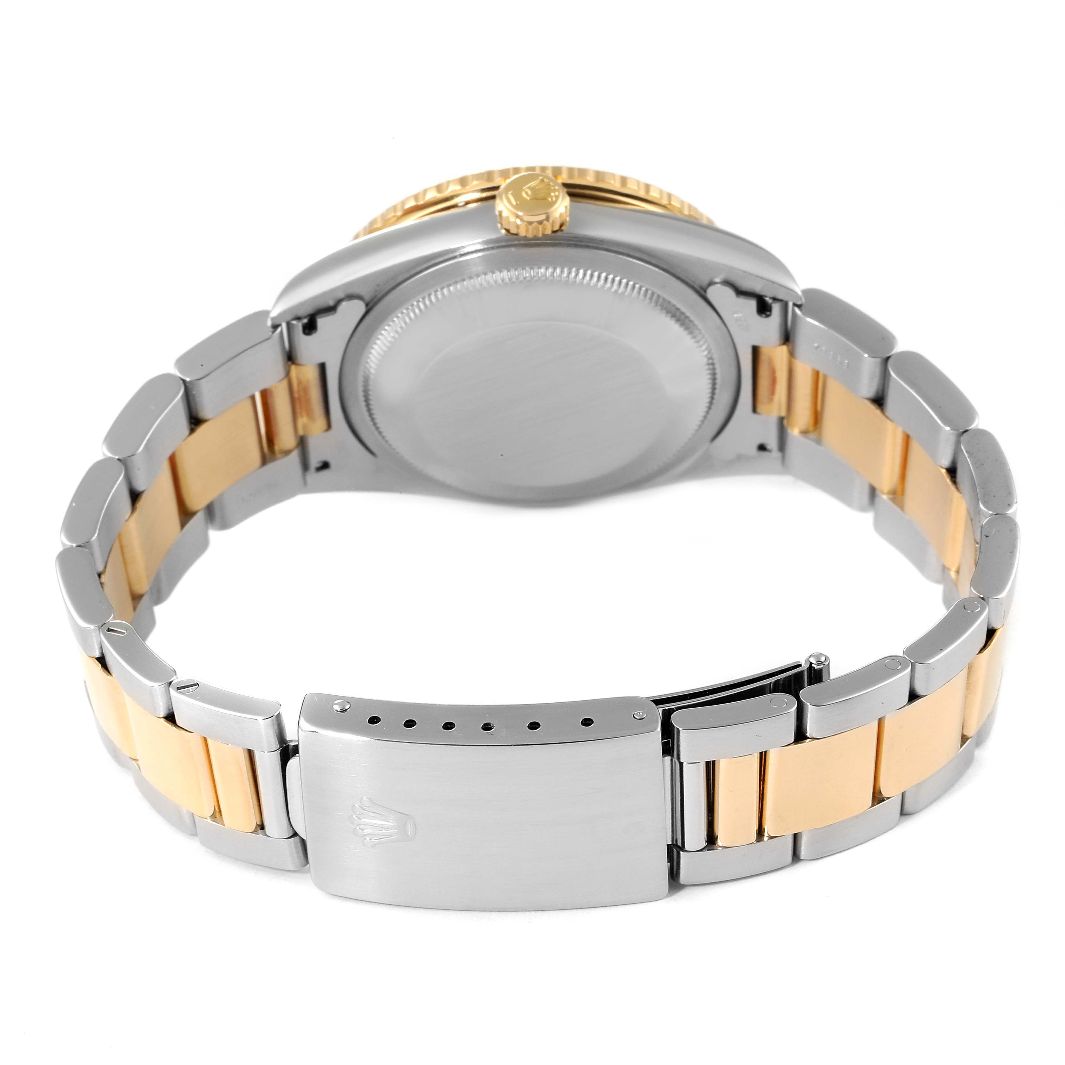The image shows the back of the Rolex Turn-o-Graph 16263 Men's Steel and Gold (two tone) White Dial 16263 Men's Steel and Gold (two tone) White Dial watch, focusing on the bracelet and the clasp.