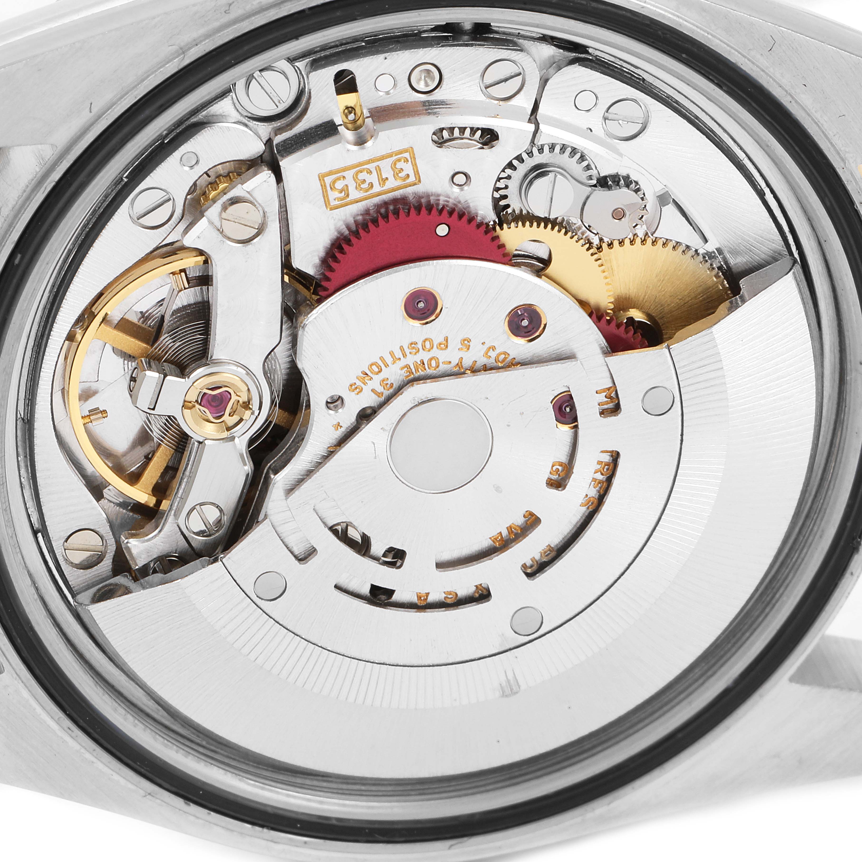 This image shows the internal mechanics and movement of the Rolex Turn-o-Graph 16263 Men's Steel and Gold (two tone) White Dial 16263 Men's Steel and Gold (two tone) White Dial watch from a back angle.