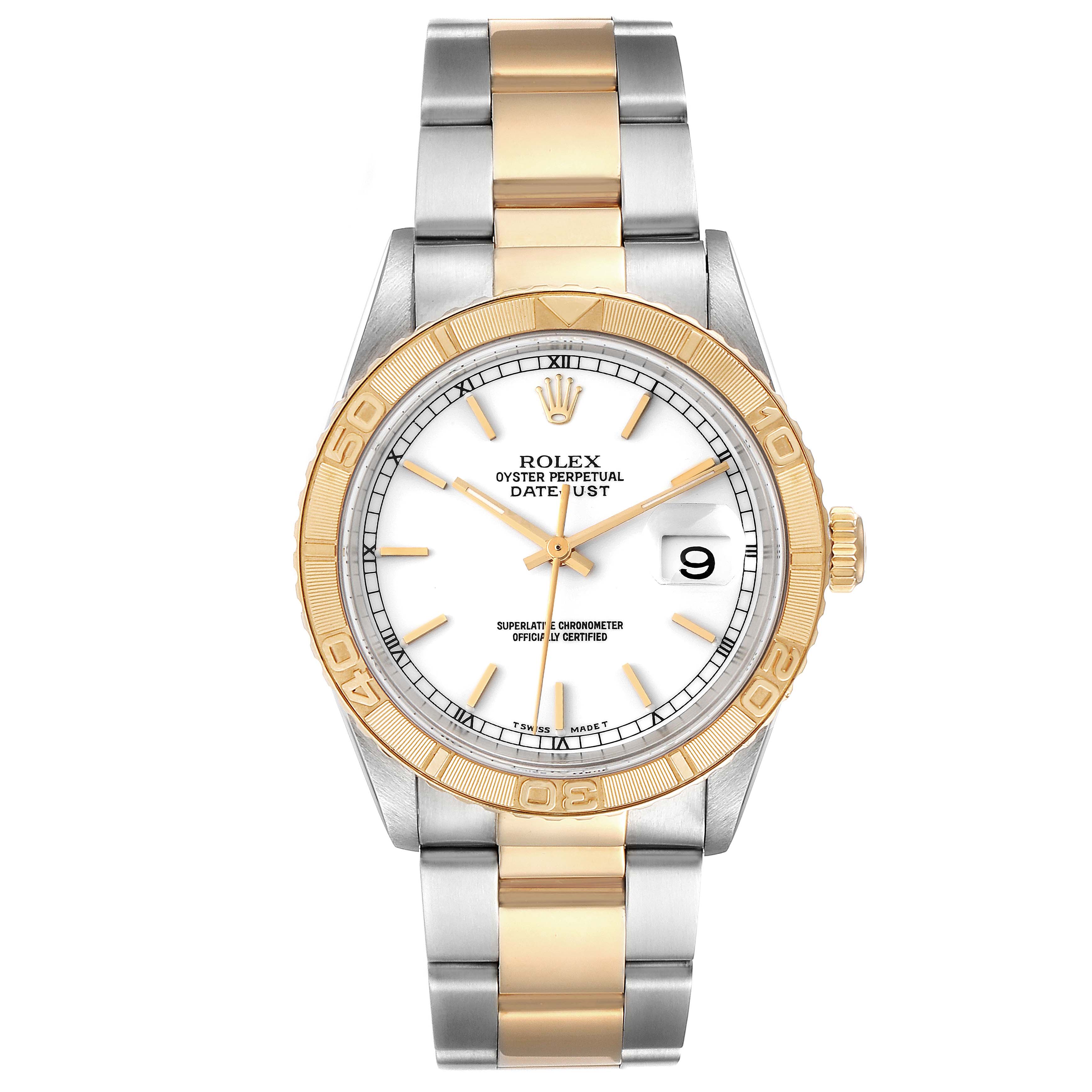 The image shows a frontal view of the Turn-o-Graph Rolex watch, highlighting the dial, bezel, bracelet, and date window.