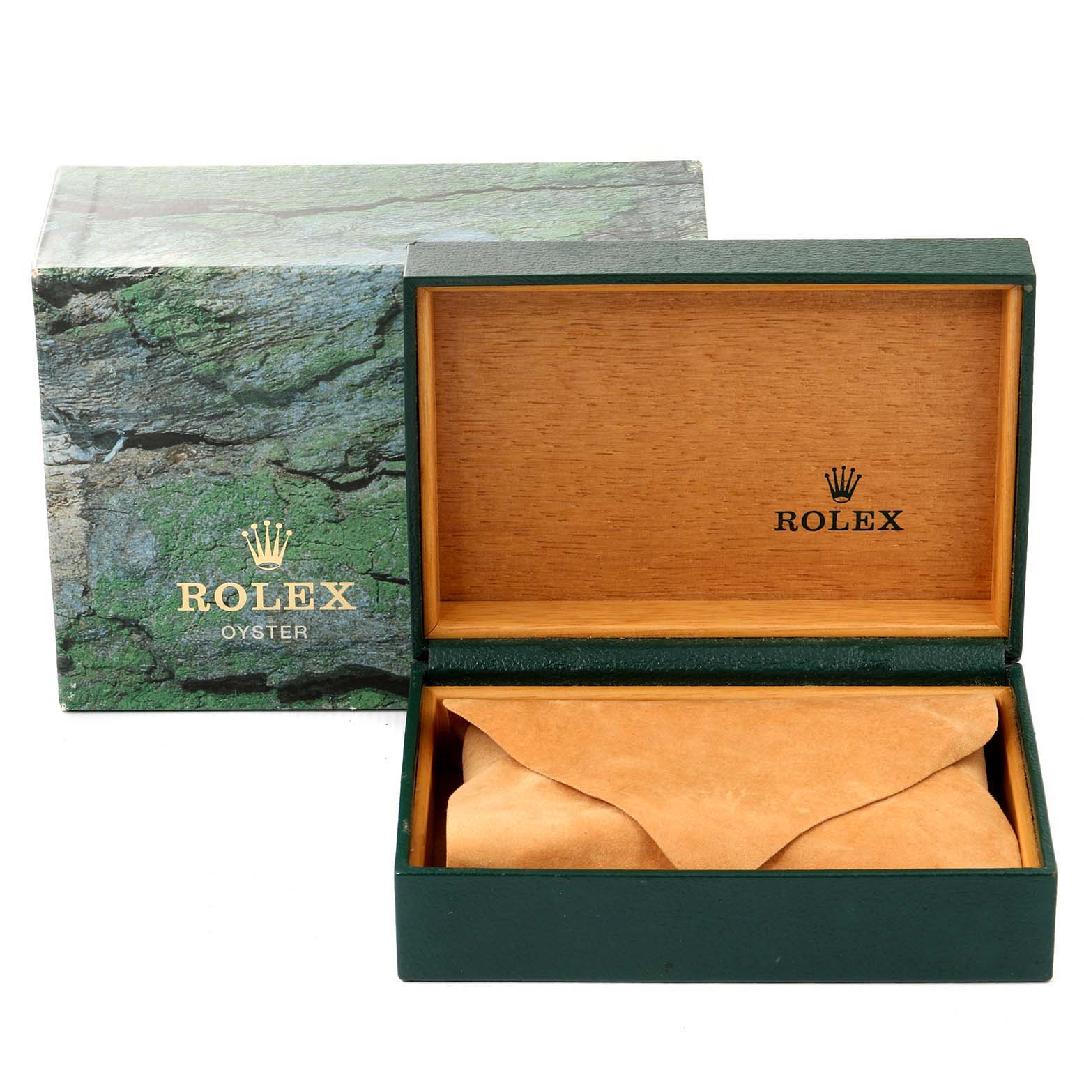 The image shows the Rolex Turn-o-Graph 16263 Men's Steel and Gold (two tone) White Dial 16263 Men's Steel and Gold (two tone) White Dial watch packaging, including an open green and wooden box and a brown leather pouch.