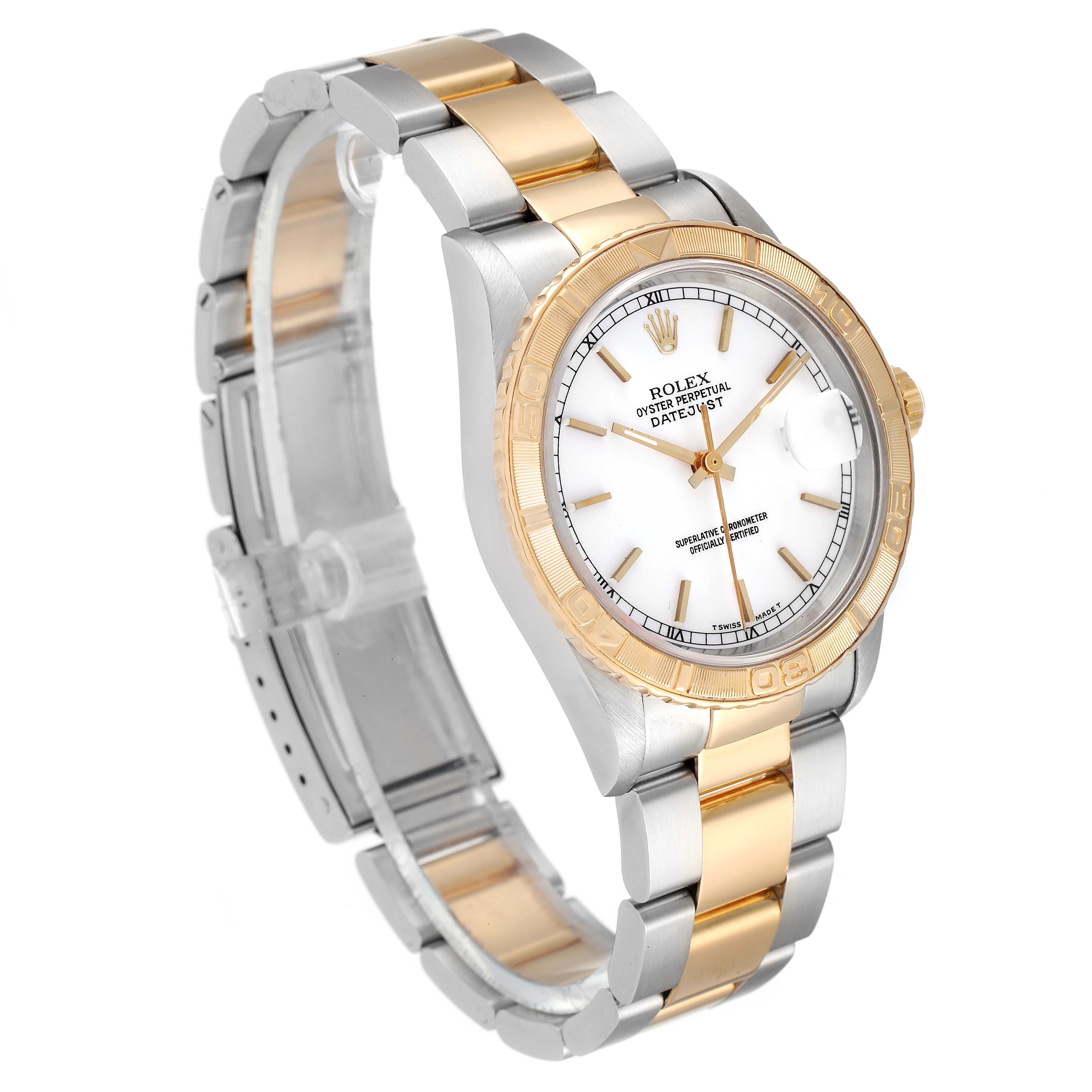 The Rolex Turn-o-Graph 16263 Men's Steel and Gold (two tone) White Dial 16263 Men's Steel and Gold (two tone) White Dial watch is shown at a front angle, displaying its two-tone bracelet, white dial, and gold bezel.