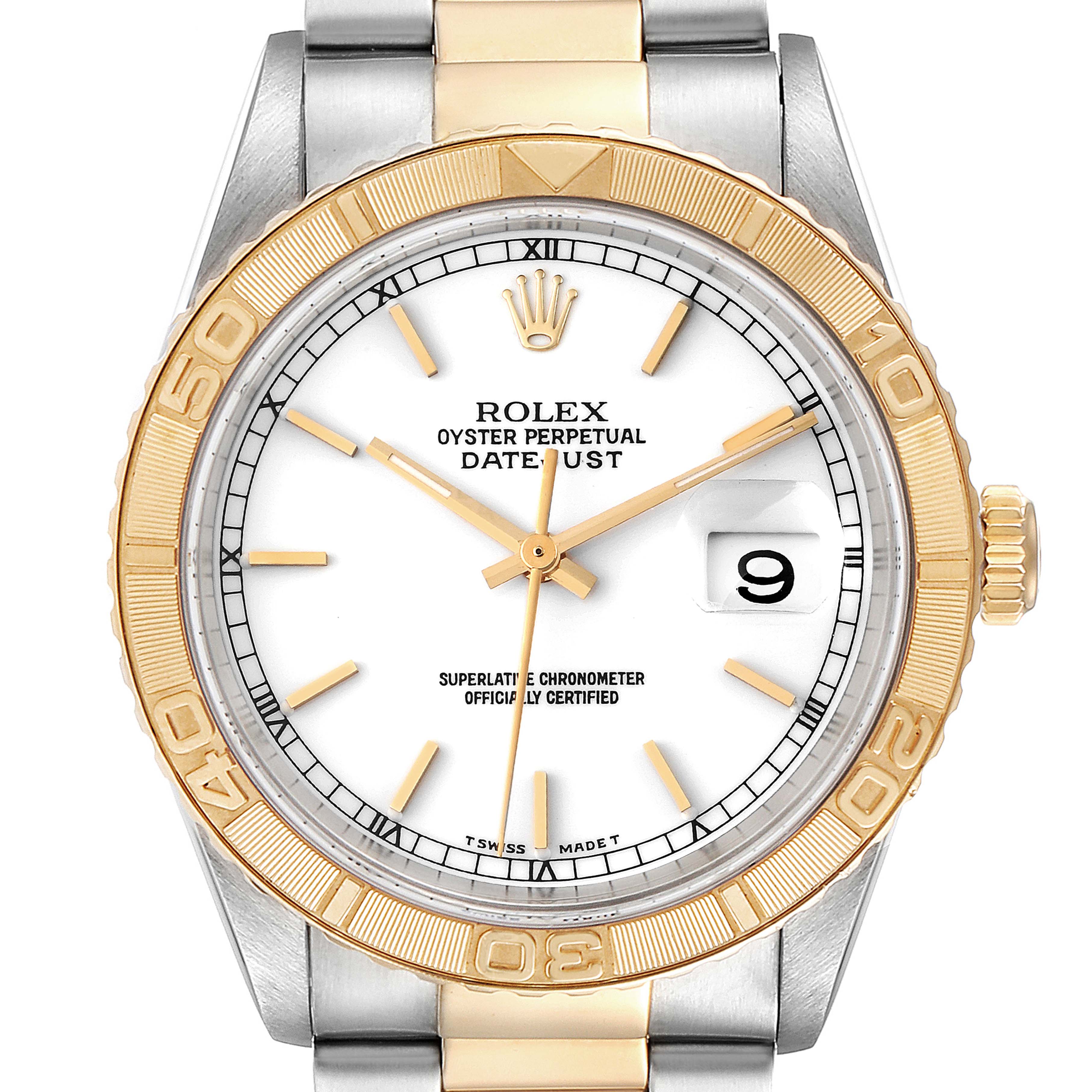 The image shows a front-facing view of a Rolex Turn-o-Graph 16263 Men's Steel and Gold (two tone) White Dial 16263 Men's Steel and Gold (two tone) White Dial watch, highlighting its white dial, gold bezel, and stainless steel bracelet.