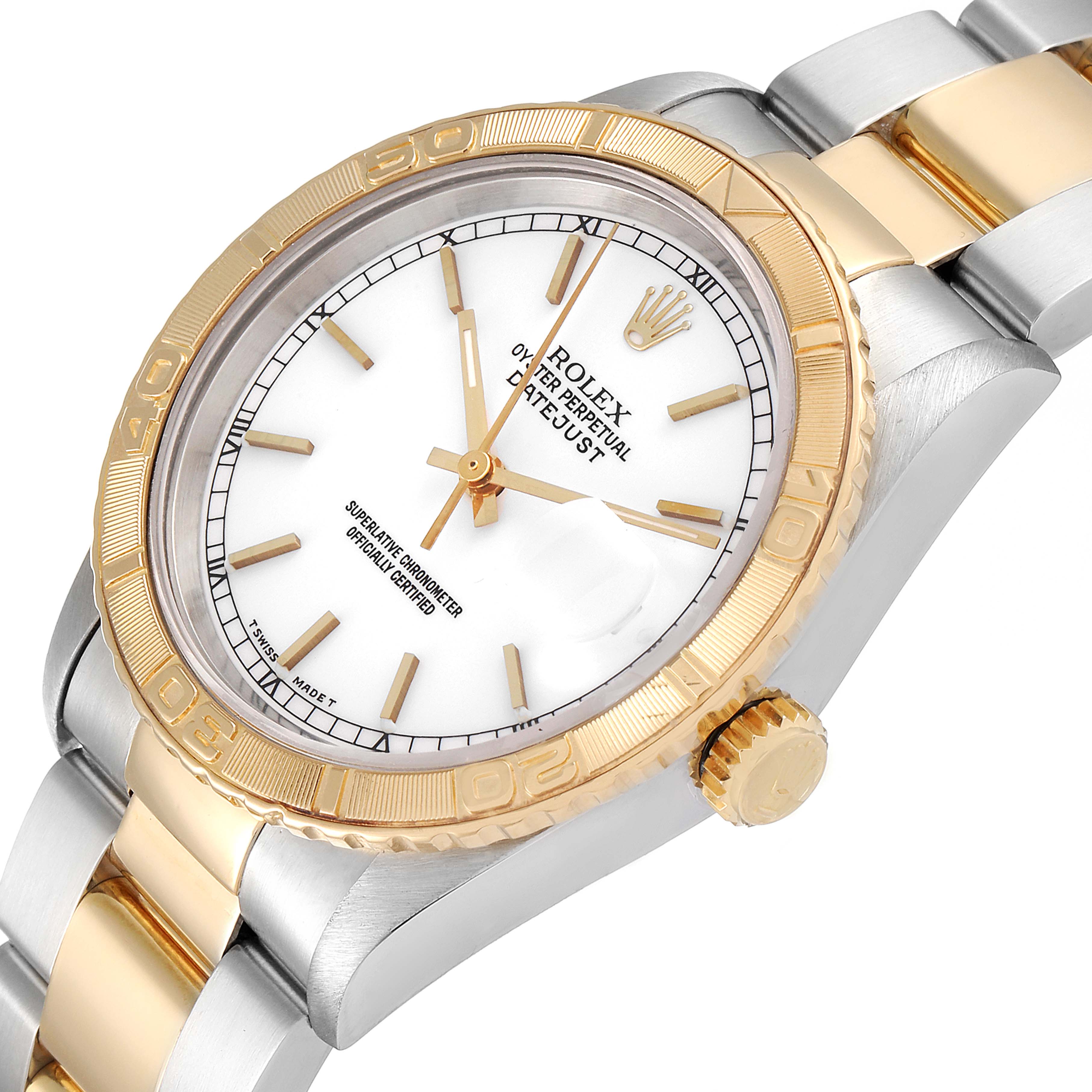 The image shows a Rolex Turn-o-Graph 16263 Men's Steel and Gold (two tone) White Dial 16263 Men's Steel and Gold (two tone) White Dial watch at a slightly angled top view, highlighting the dial, bezel, crown, and part of the bracelet.
