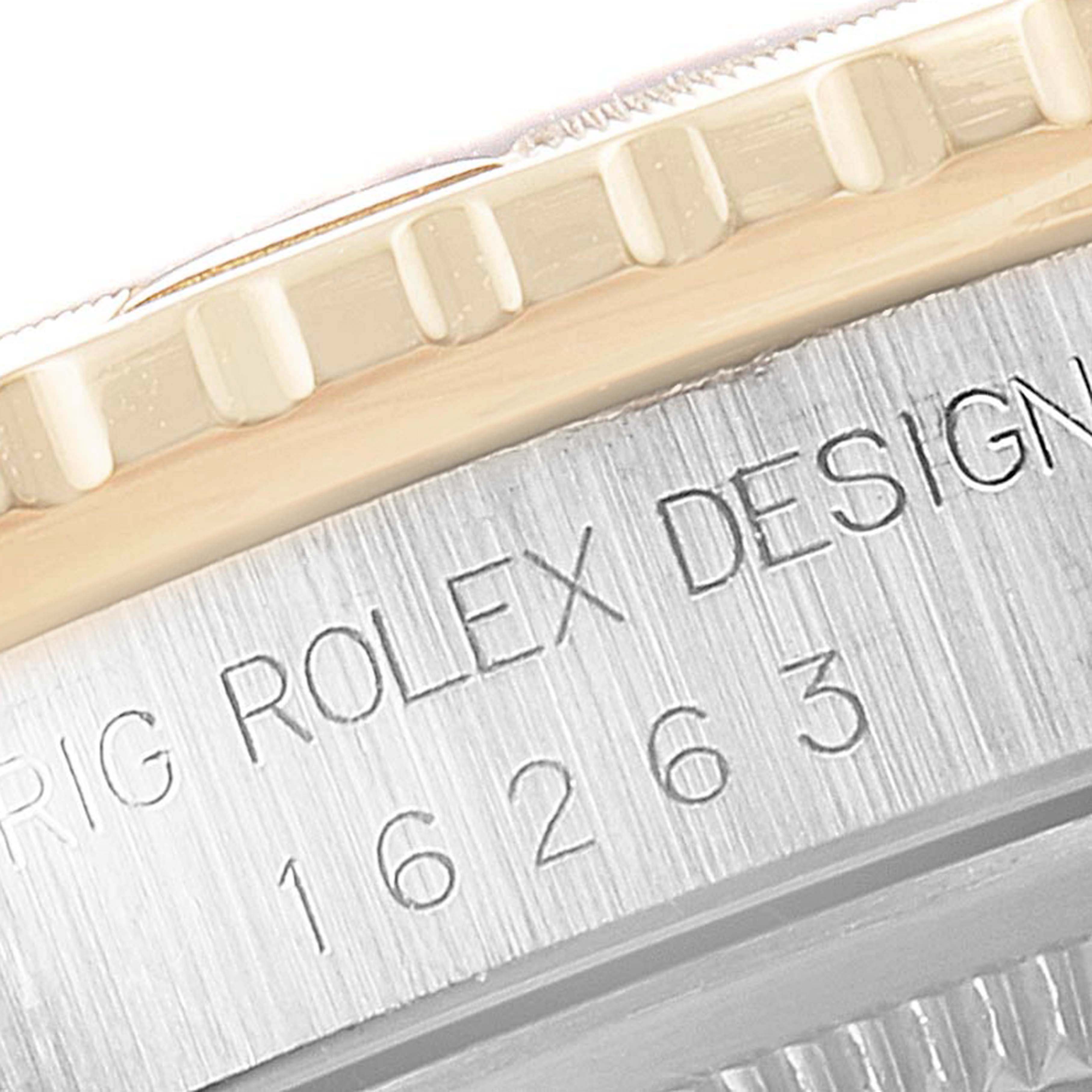 This image shows a close-up of the bezel and side engraving of the Rolex Turn-o-Graph 16263 Men's Steel and Gold (two tone) White Dial 16263 Men's Steel and Gold (two tone) White Dial watch, featuring the model number 16263.