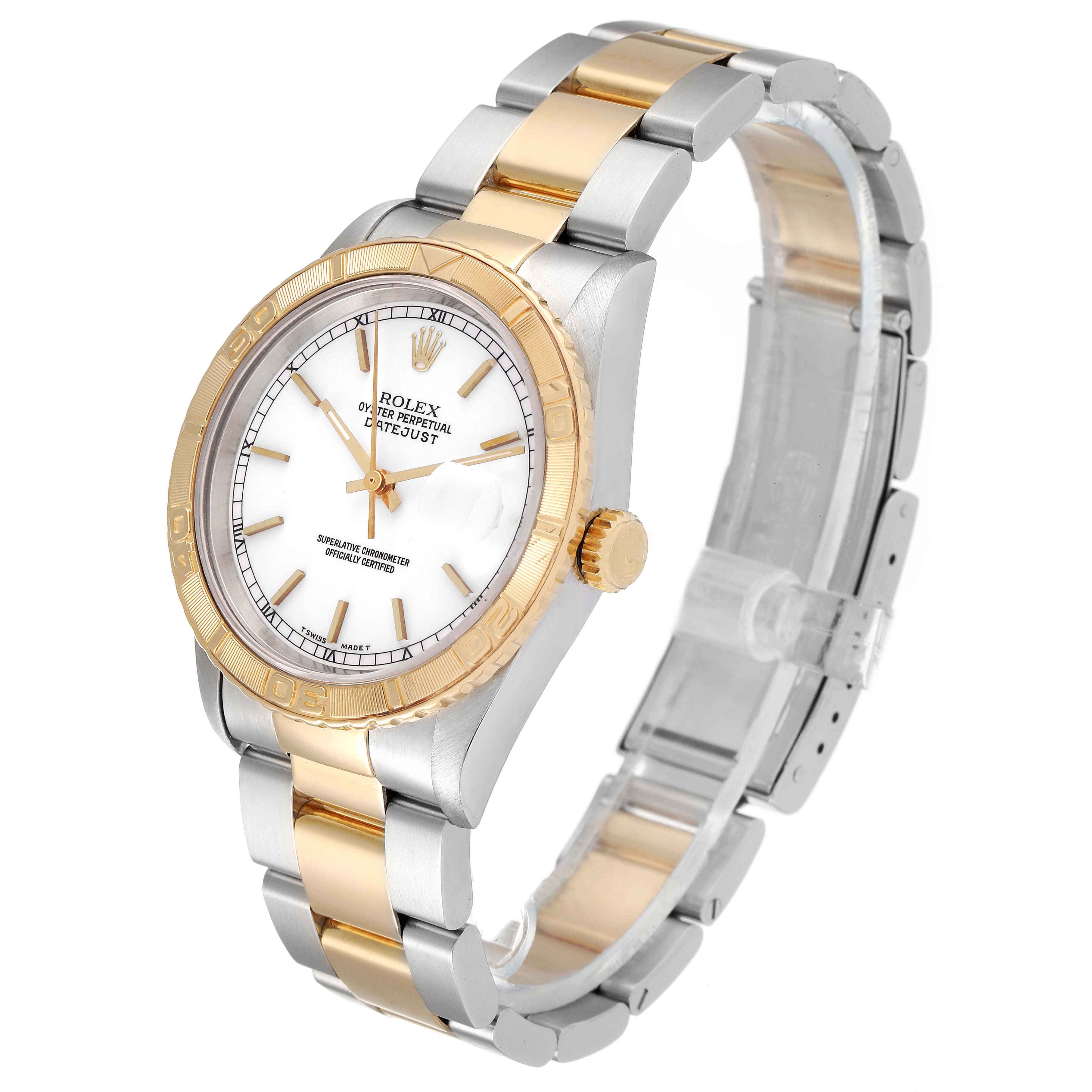 The image shows a Rolex Turn-o-Graph 16263 Men's Steel and Gold (two tone) White Dial 16263 Men's Steel and Gold (two tone) White Dial watch in a semi-side angle, displaying its face, bezel, crown, and bracelet.