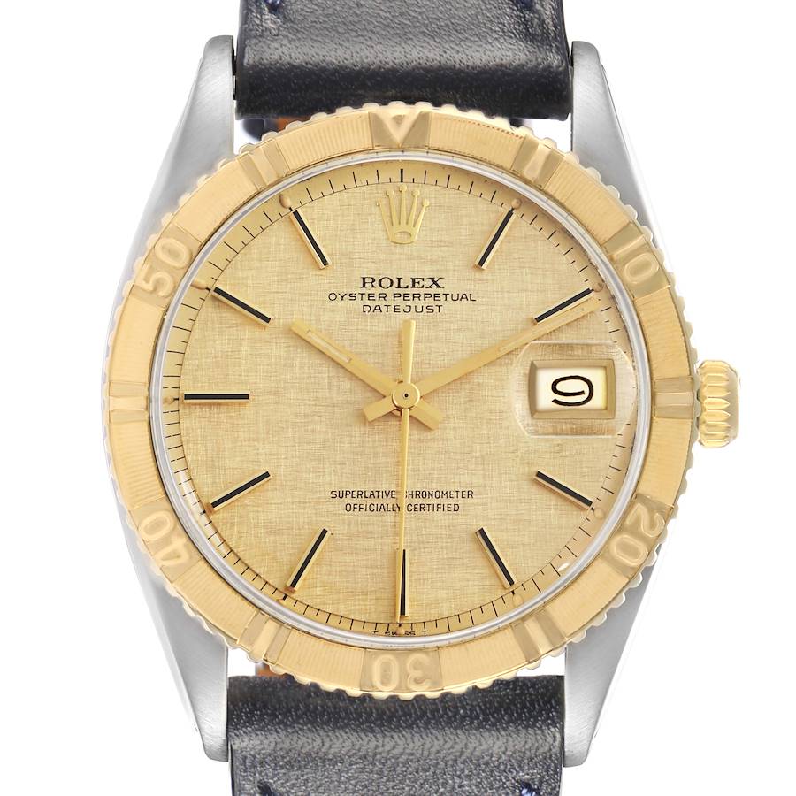 The Rolex Turn-o-Graph model 1625 is shown from a straight-on angle, displaying the face, bezel, and crown.