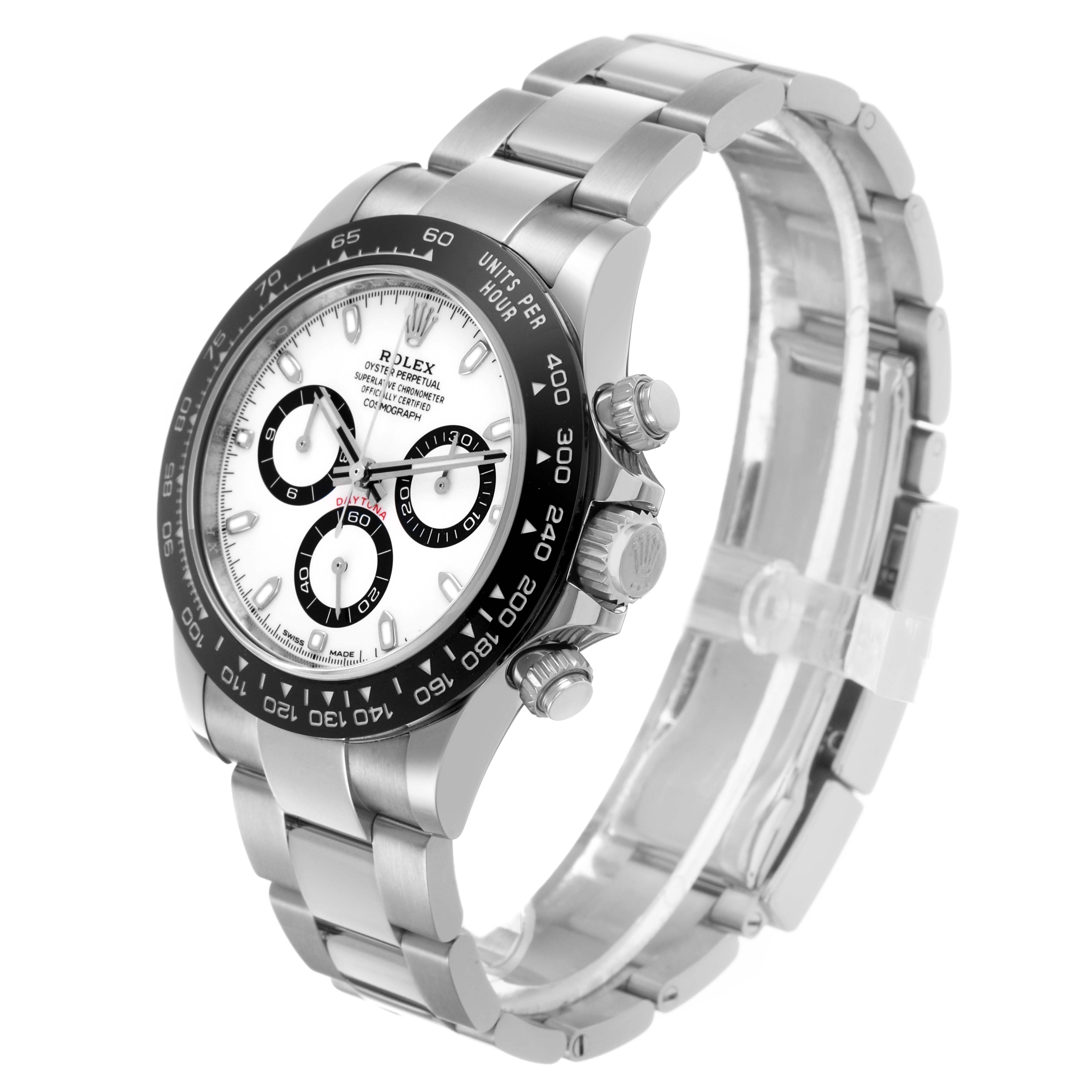 The Rolex Daytona 116500 Men's Stainless Steel White Dial watch is shown at a three-quarter angle, highlighting the face, bezel, crown, pushers, and bracelet.