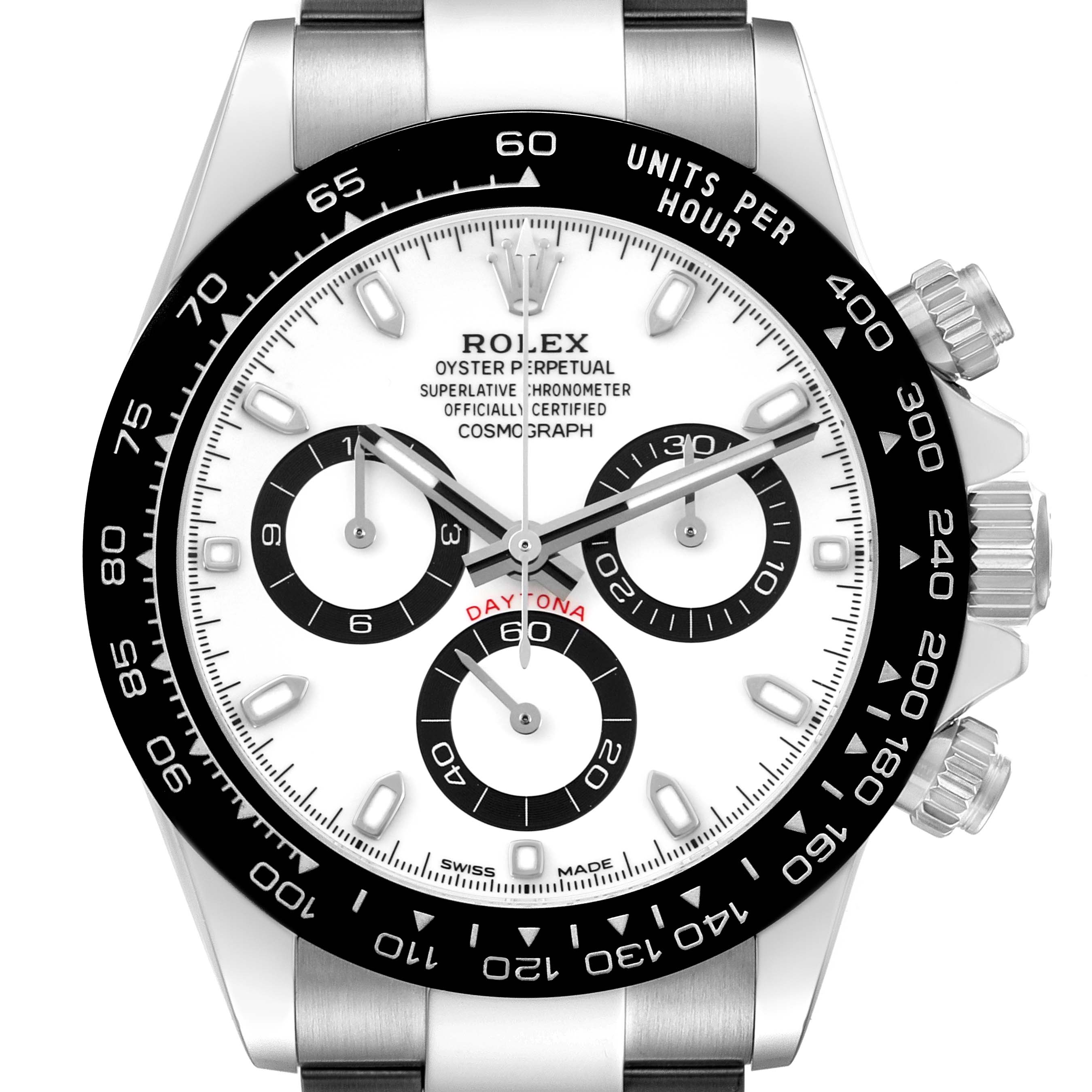 The image shows the face of a Rolex Daytona 116500 Men's Stainless Steel White Dial watch with its bezel, chronograph sub-dials, and crown visible, viewed from the front.