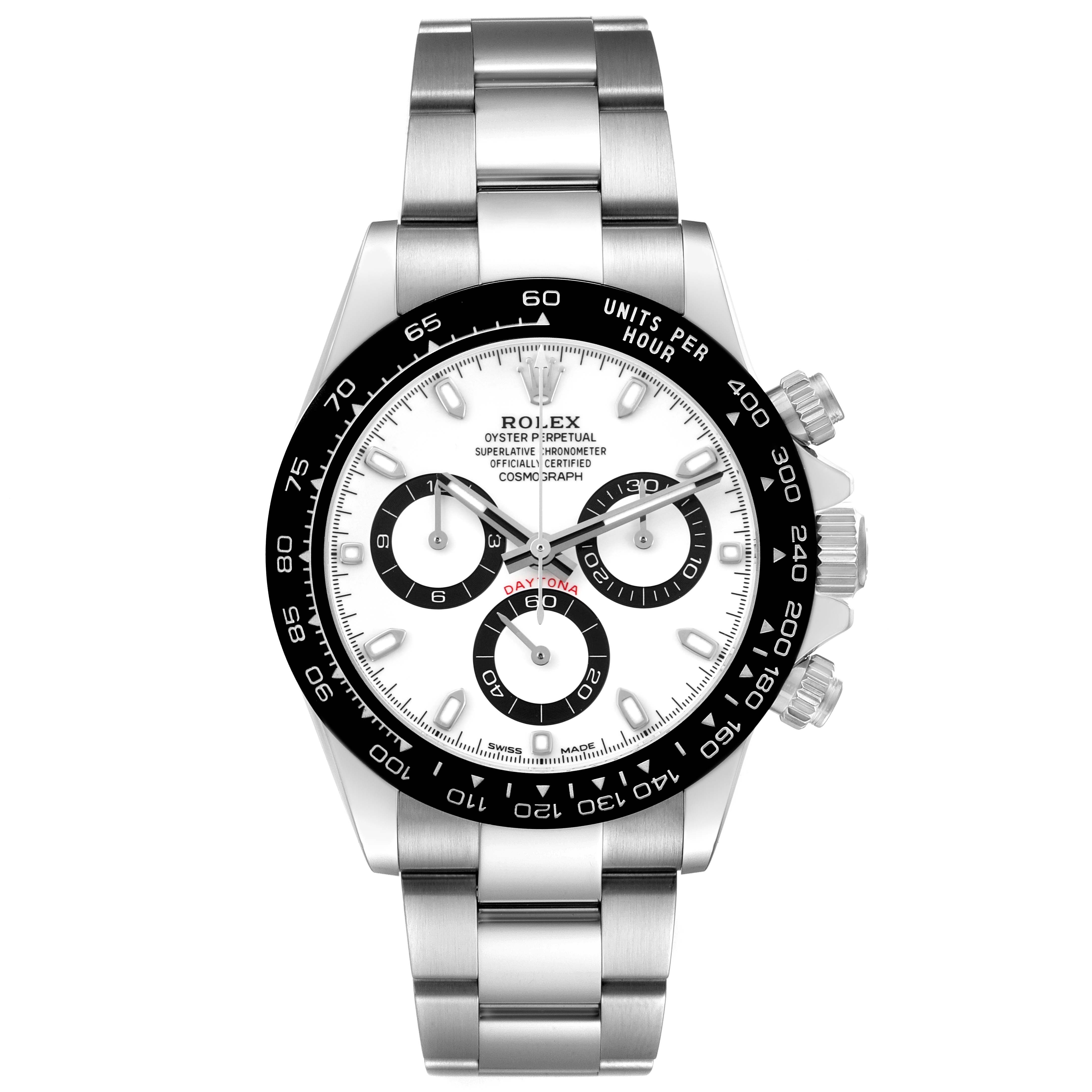 The Rolex Daytona 116500 Men's Stainless Steel White Dial watch is shown from the front, featuring a white dial, black bezel, chronograph subdials, and stainless steel bracelet.