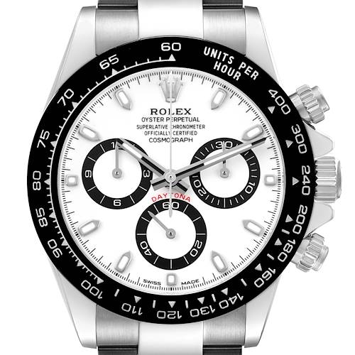 The image shows a Rolex Daytona 116500 Men's Stainless Steel White Dial watch face-on, highlighting the bezel, subdials, and crown.
