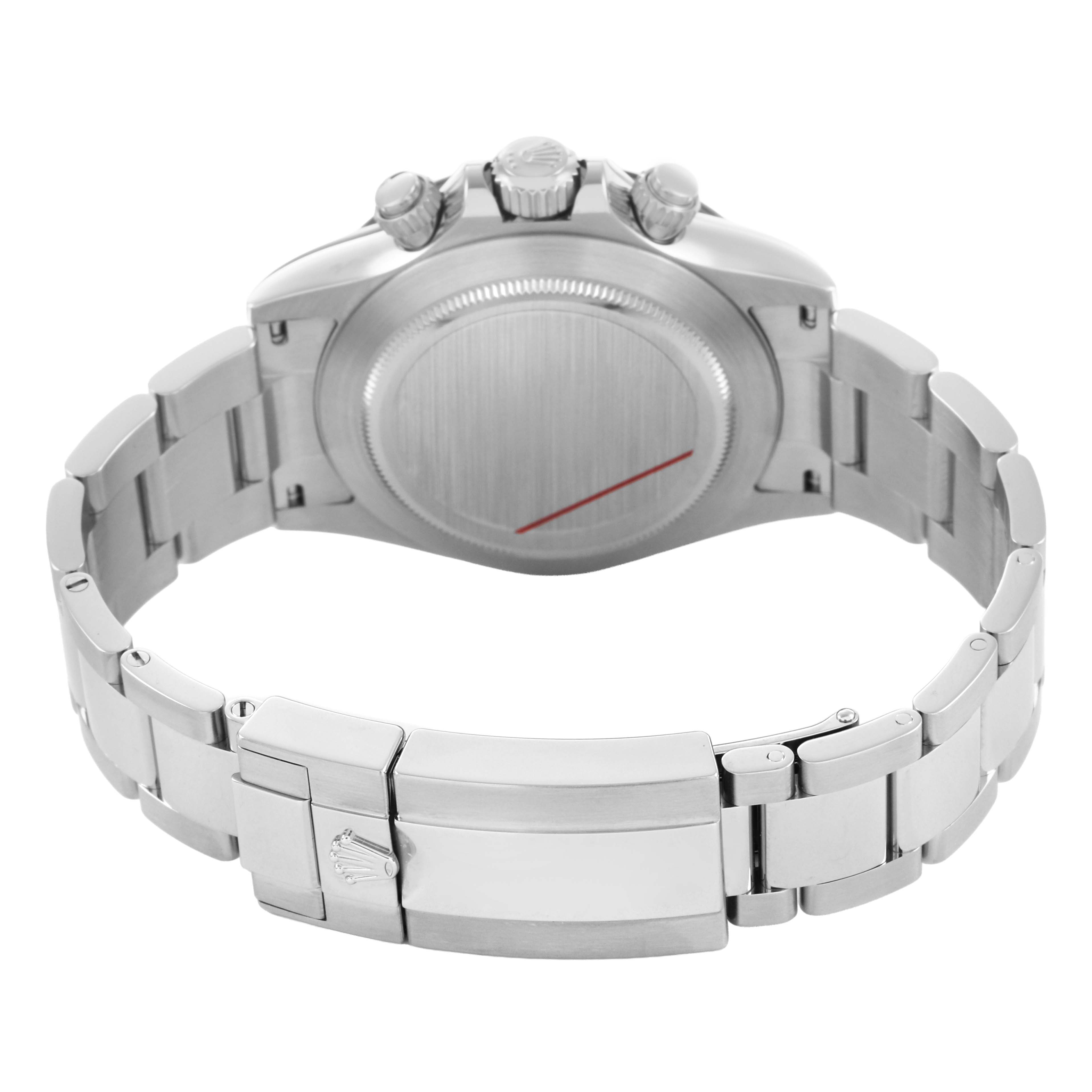 The image shows the back and clasp of a Rolex Daytona 116500 Men's Stainless Steel White Dial, highlighting the bracelet and case back from a rear angle.