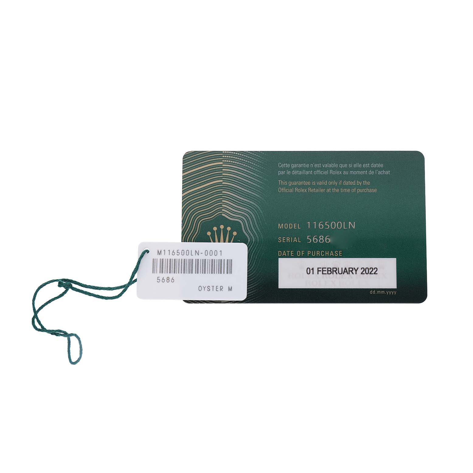 The image shows a warranty card and tag for a Rolex Daytona 116500 Men's Stainless Steel White Dial, model 116500LN, with purchase details.
