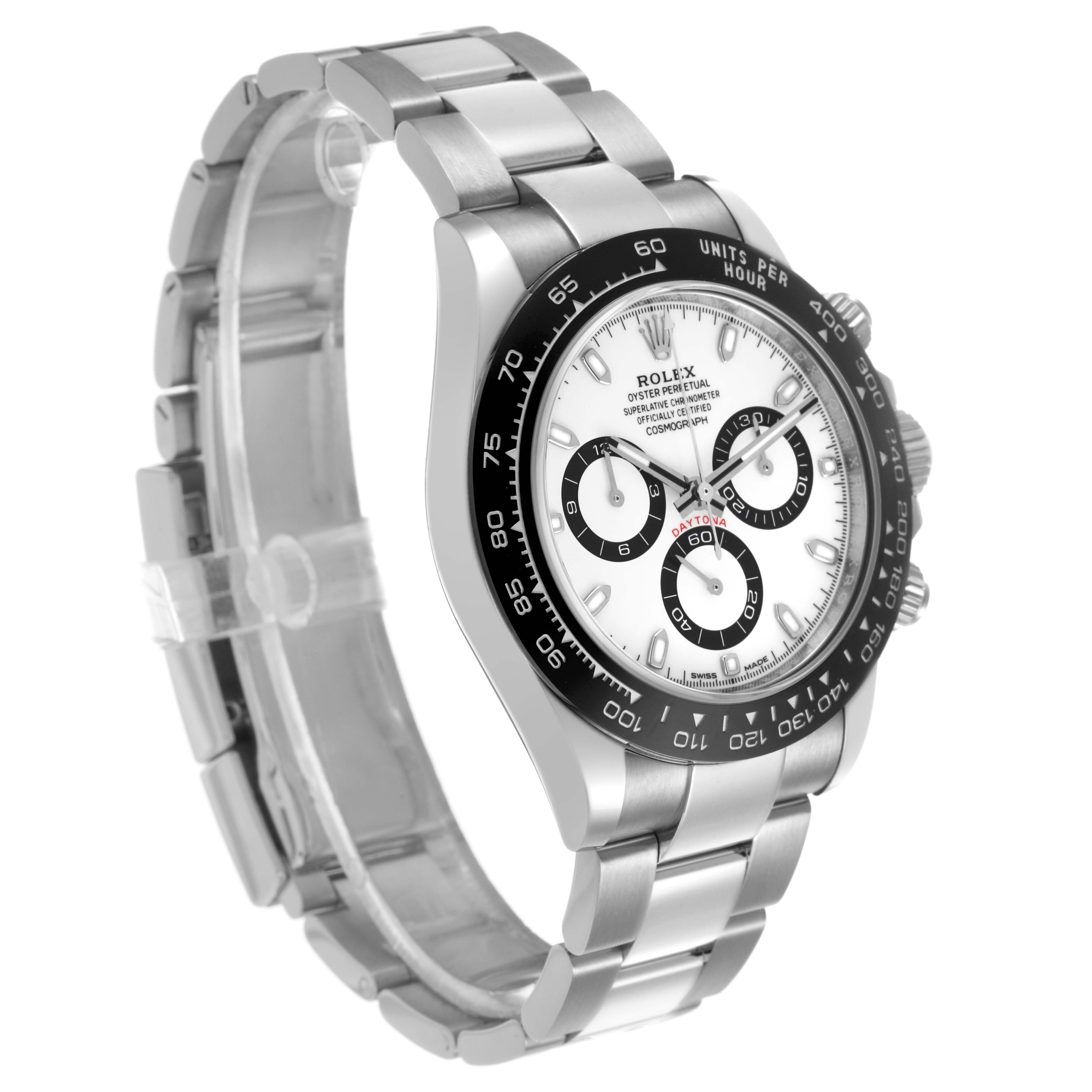 The Rolex Daytona 116500 Men's Stainless Steel White Dial watch is shown at a three-quarter angle, displaying the face, bezel, bracelet, and crown.