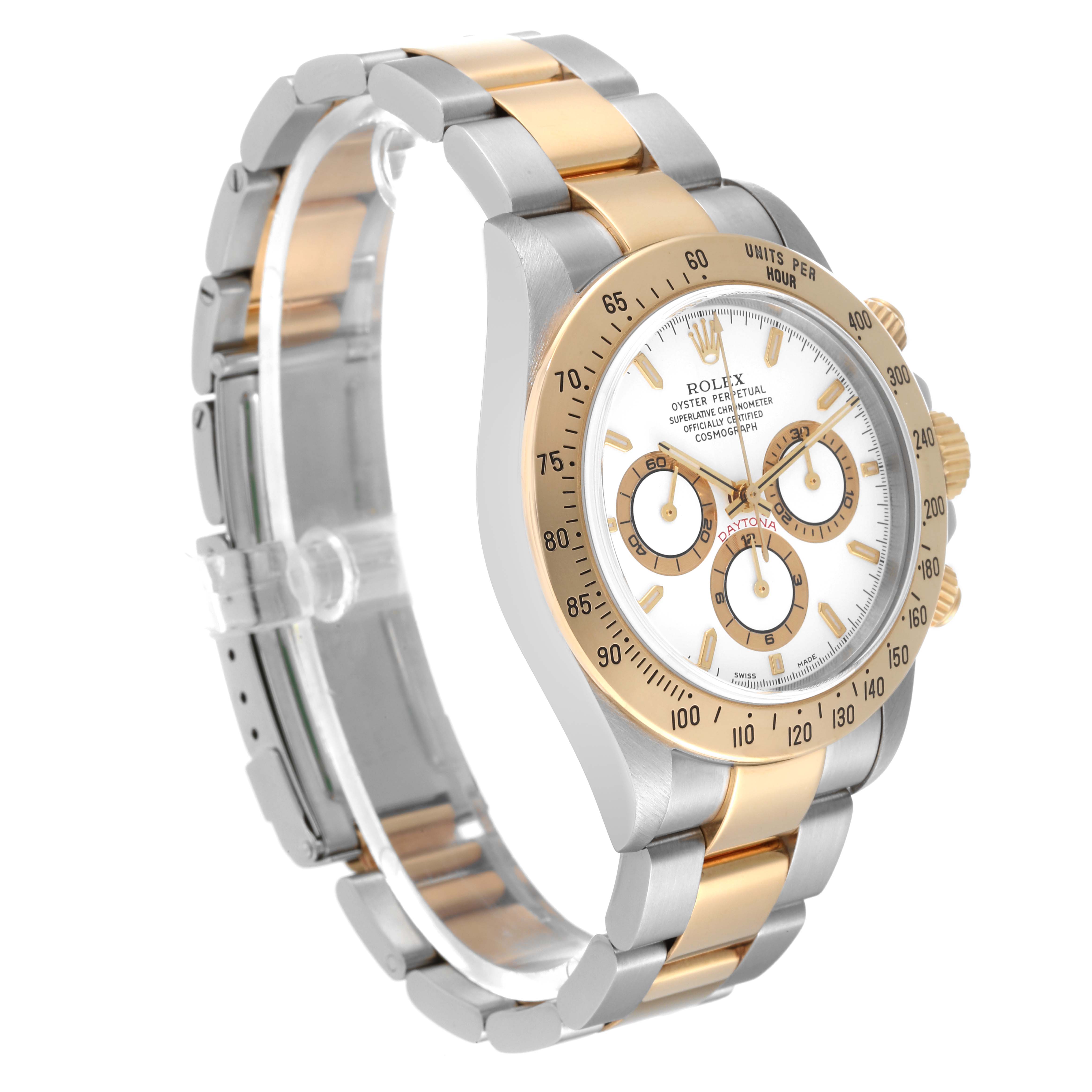 The Rolex Daytona 16523 Men
s Steel and Gold (two tone) White Dial 16523 Men
s Steel and Gold (two tone) White Dial watch is shown at a three-quarter angle highlighting its two-tone bracelet, bezel, and dial with subdials.