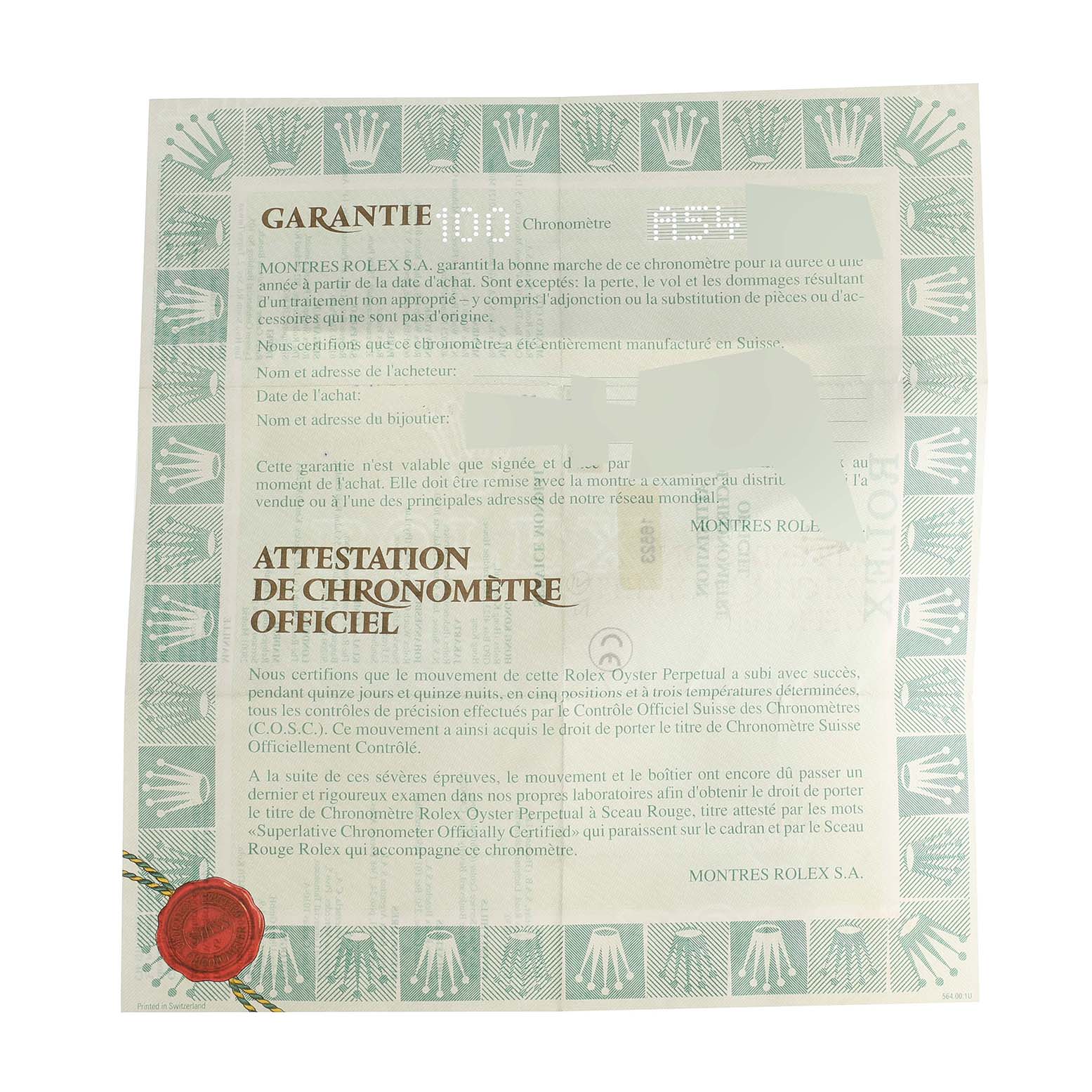 The image shows a warranty certificate and chronometer attestation for the Rolex Daytona 16523 Men
s Steel and Gold (two tone) White Dial 16523 Men
s Steel and Gold (two tone) White Dial watch.