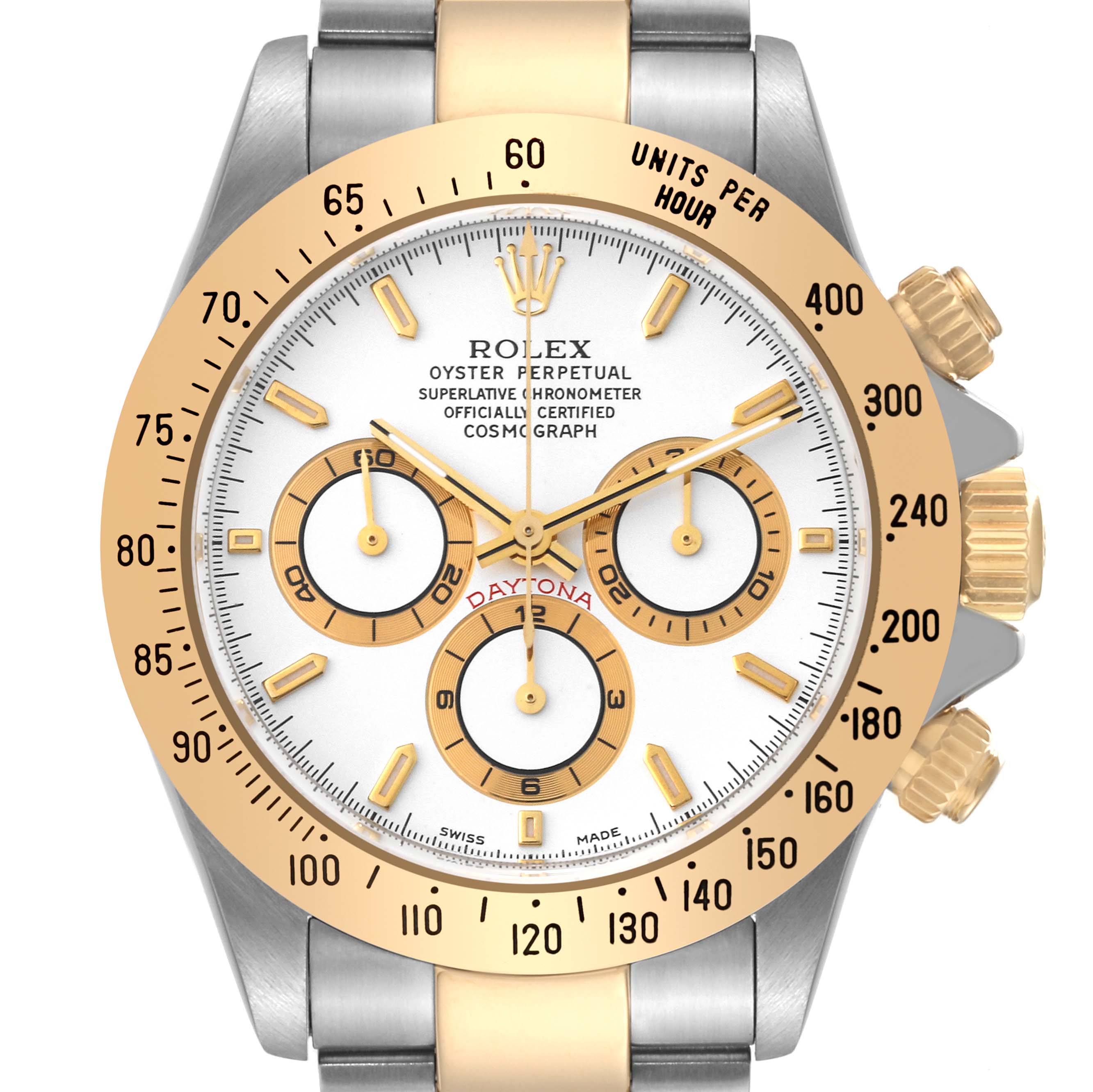 This image shows the front view of a Rolex Daytona 16523 Men
s Steel and Gold (two tone) White Dial 16523 Men
s Steel and Gold (two tone) White Dial watch, highlighting its dial, bezel, and chronograph subdials.