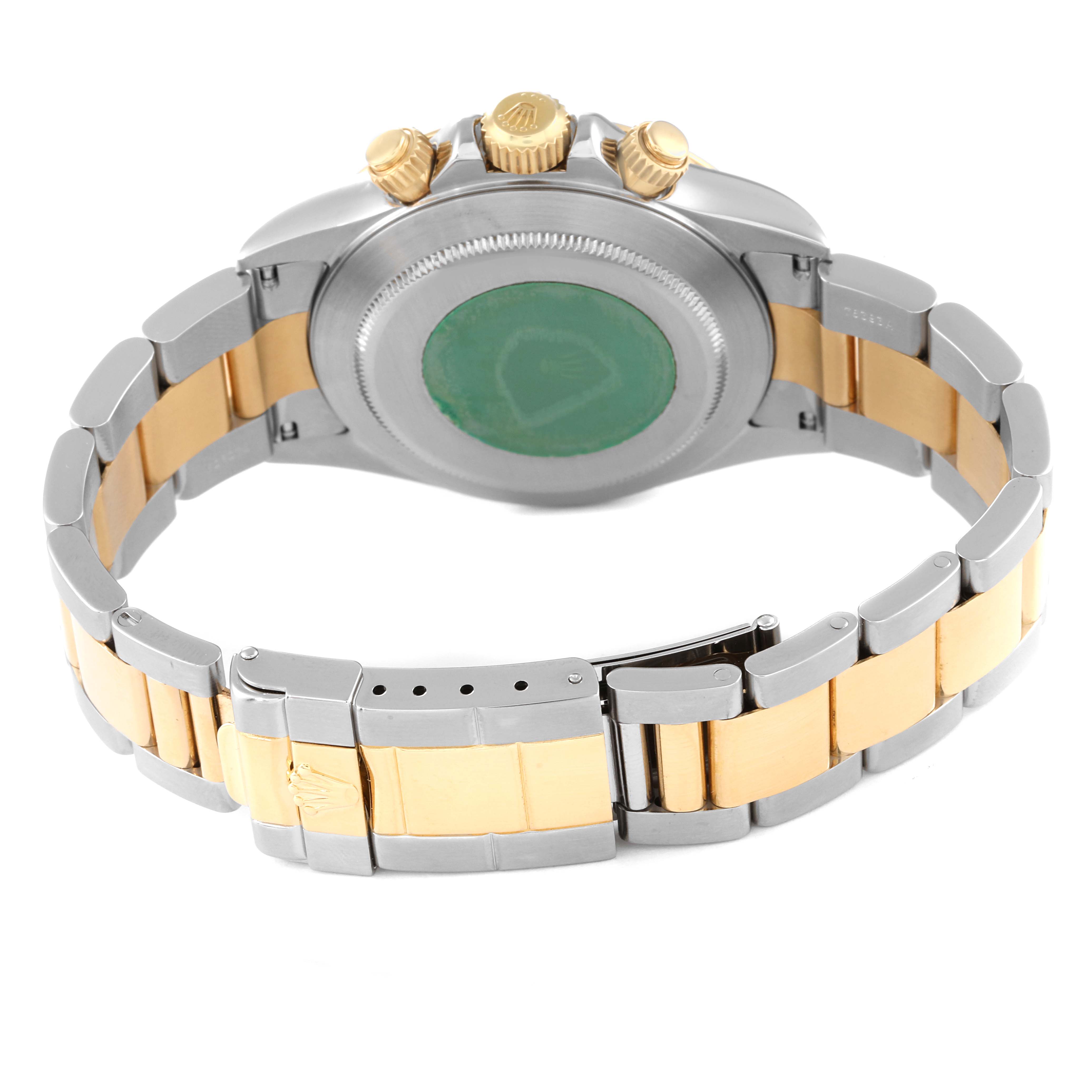 The image shows the back and bracelet of a Rolex Daytona 16523 Men
s Steel and Gold (two tone) White Dial 16523 Men
s Steel and Gold (two tone) White Dial watch, featuring a two-tone gold and silver design.