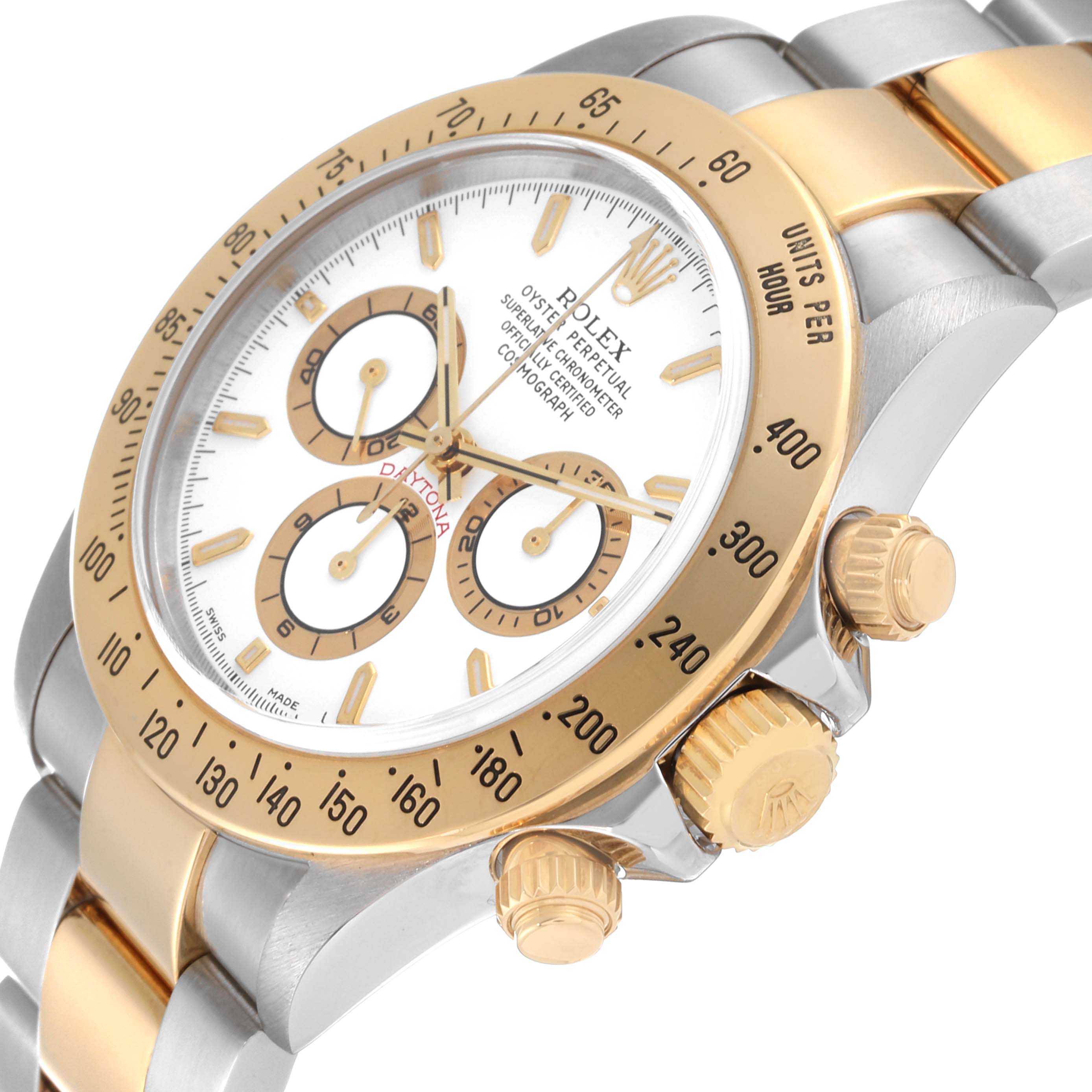 The image shows a Rolex Daytona 16523 Men
s Steel and Gold (two tone) White Dial 16523 Men
s Steel and Gold (two tone) White Dial watch at a three-quarter angle, highlighting the dial, bezel, crown, and part of the bracelet.