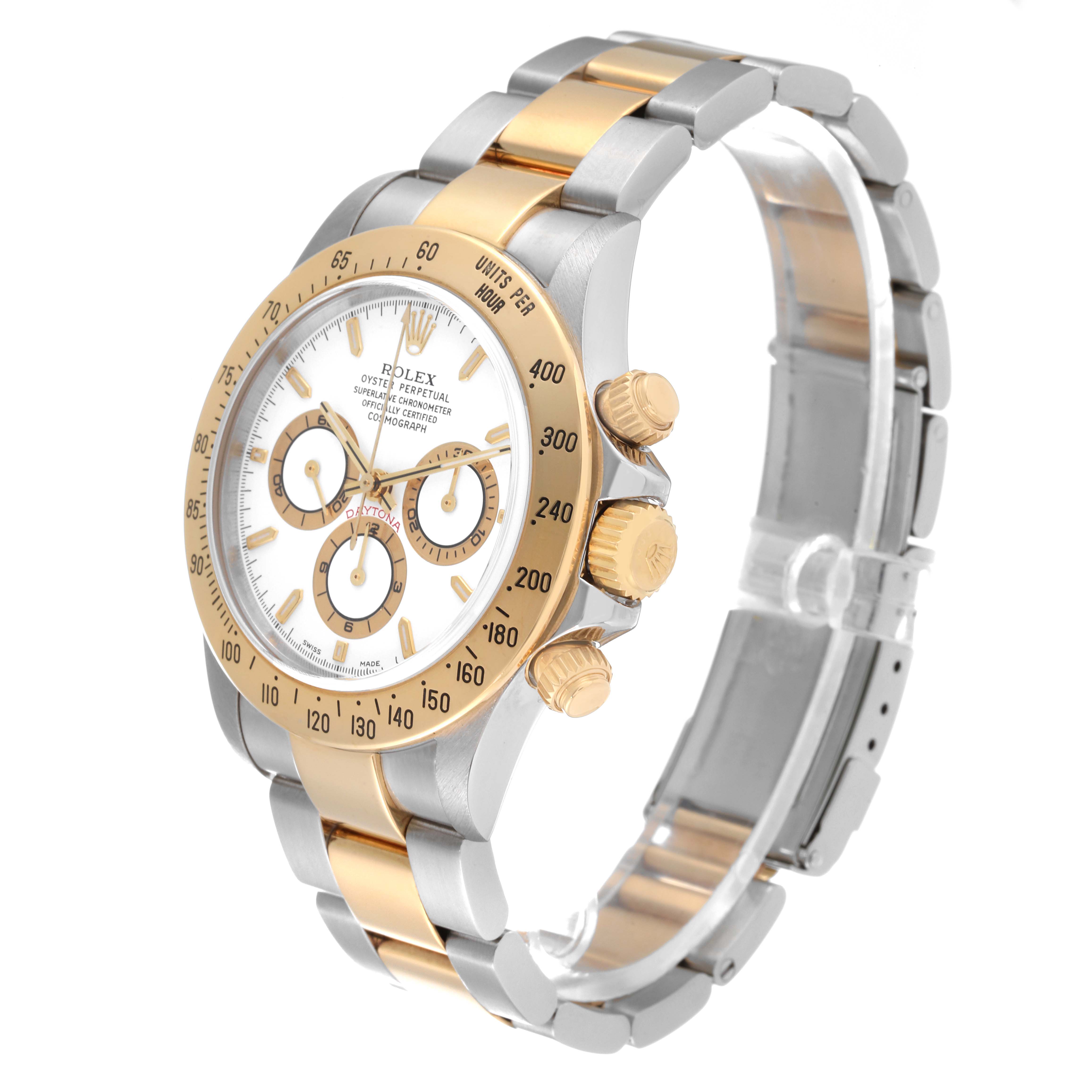 The Rolex Daytona 16523 Men
s Steel and Gold (two tone) White Dial 16523 Men
s Steel and Gold (two tone) White Dial watch is displayed at a three-quarter angle, showcasing its face, bezel, crown, and part of the bracelet.