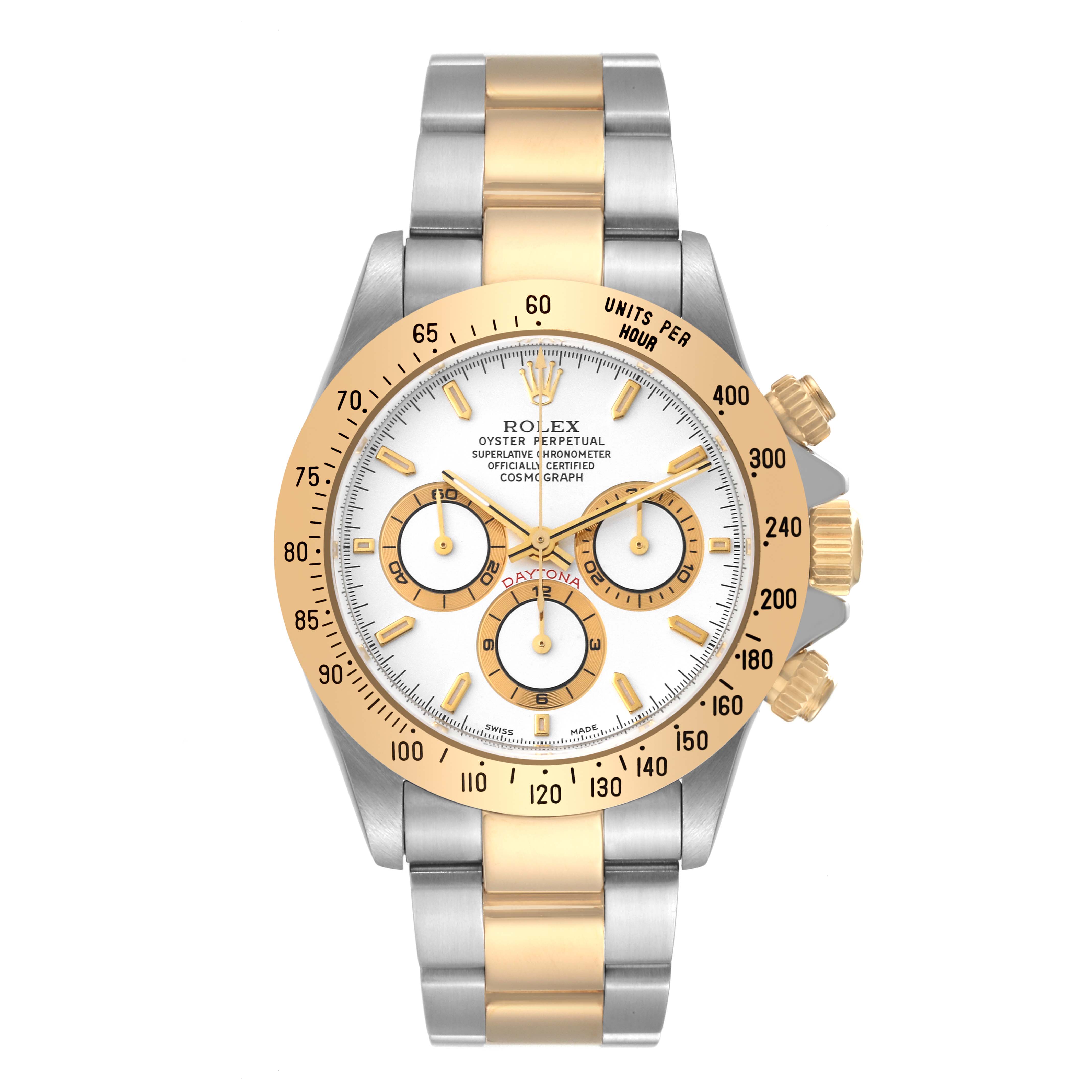 The image shows a front view of a Rolex Daytona 16523 Men
s Steel and Gold (two tone) White Dial 16523 Men
s Steel and Gold (two tone) White Dial watch, showcasing its face, bezel, and two-tone metal bracelet.