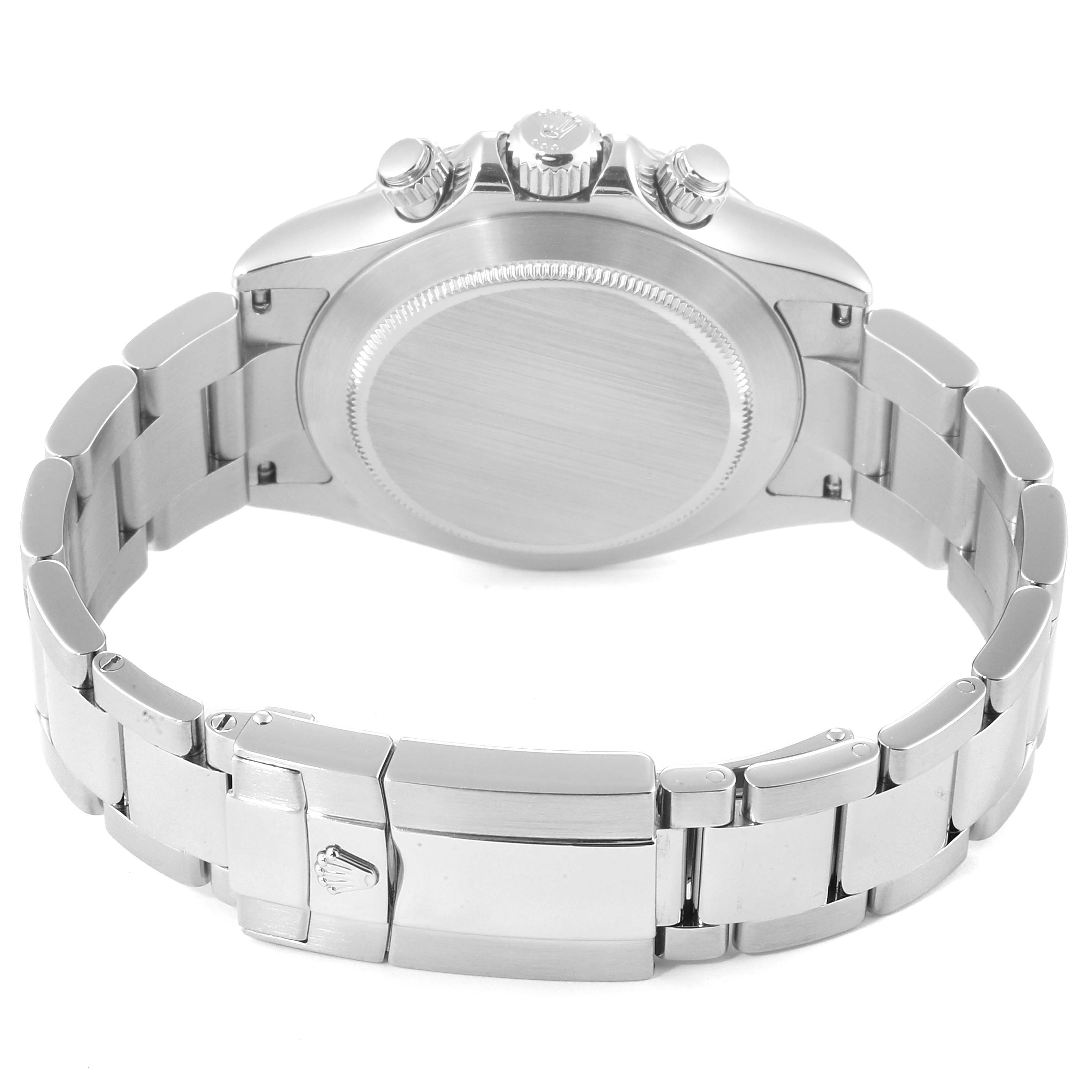 The image shows the back view of the Rolex Daytona 116520 Men's Stainless Steel White Dial 116520 Men's Stainless Steel White Dial watch, focusing on the case back and the bracelet with clasp.