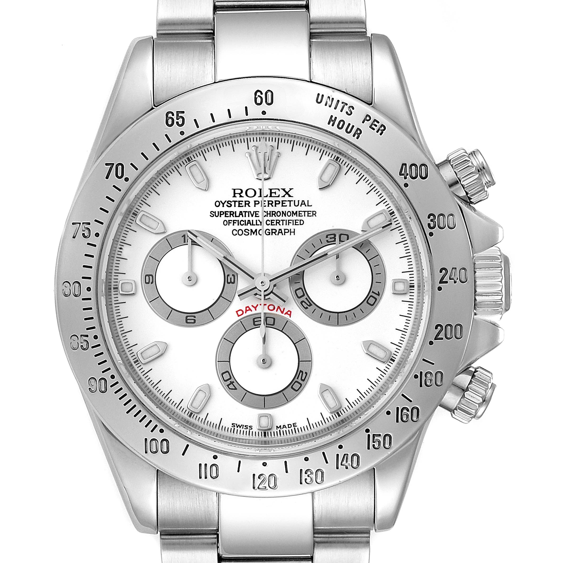 The image shows a frontal view of the Rolex Daytona 116520 Men's Stainless Steel White Dial 116520 Men's Stainless Steel White Dial watch, displaying its dial, bezel, and chronograph sub-dials.