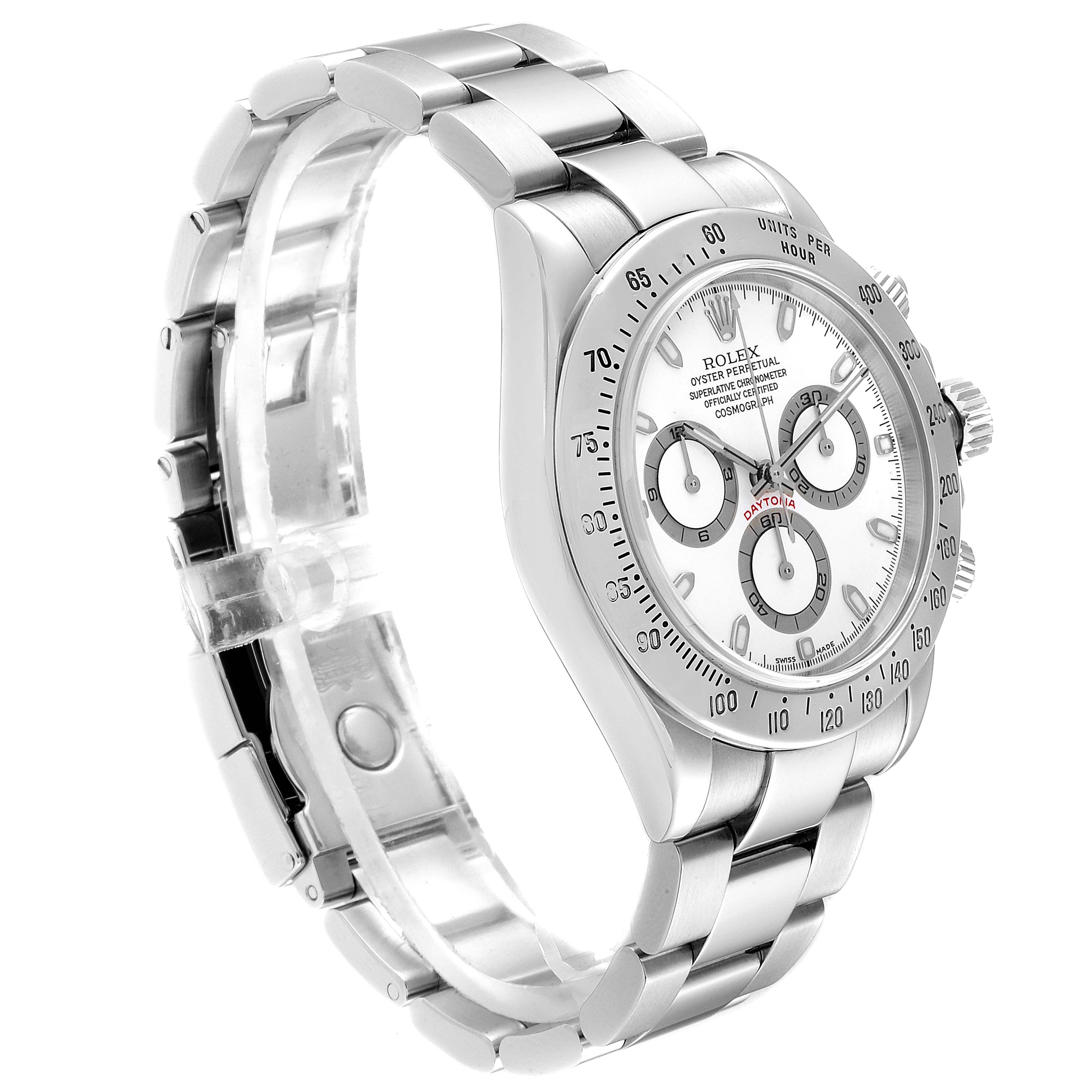 The Rolex Daytona 116520 Men's Stainless Steel White Dial 116520 Men's Stainless Steel White Dial watch is shown at an angle displaying the dial, bezel, bracelet, and lugs.