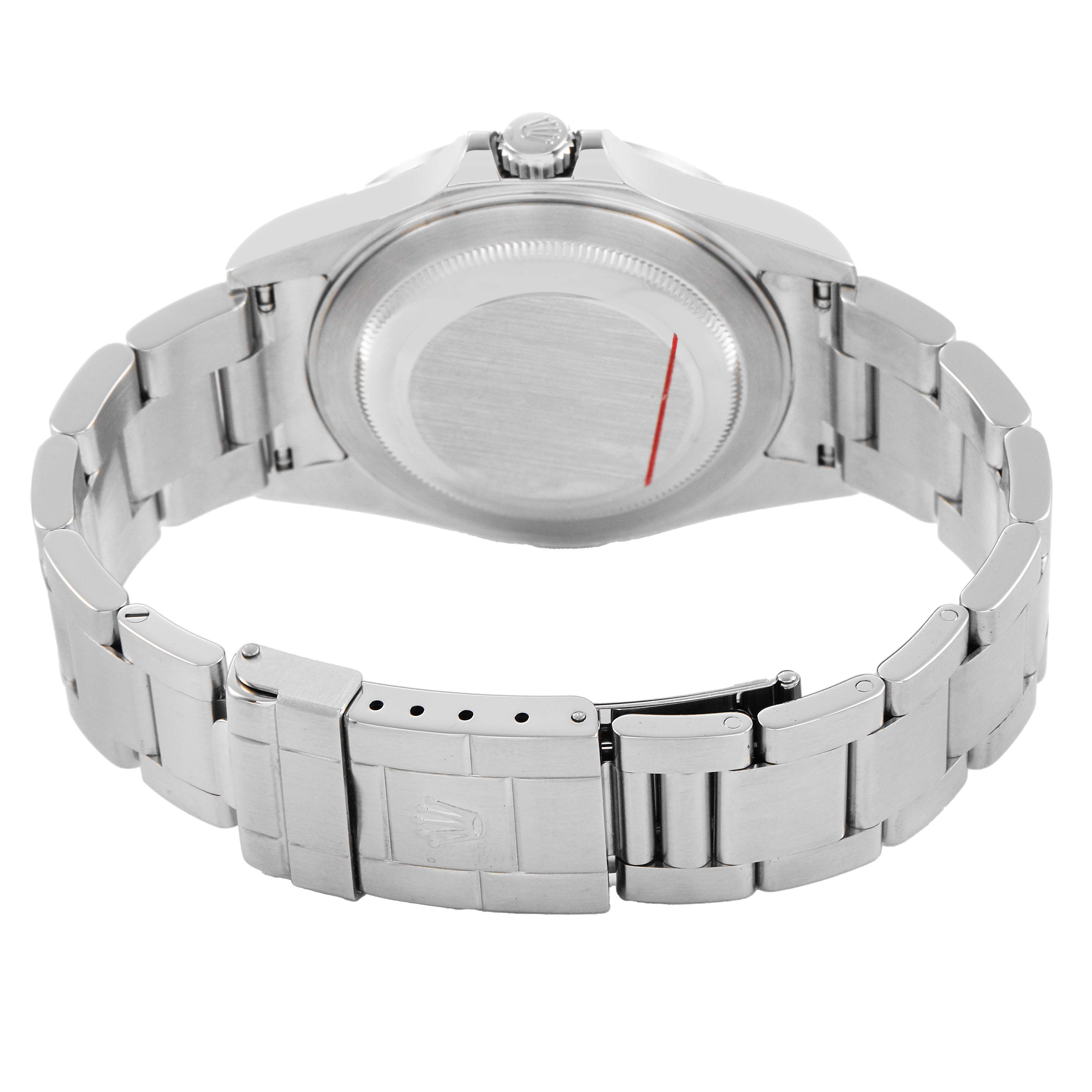The image shows the back of the Rolex Explorer 16570 Men's Stainless Steel White Dial watch, highlighting the case back and stainless steel bracelet.