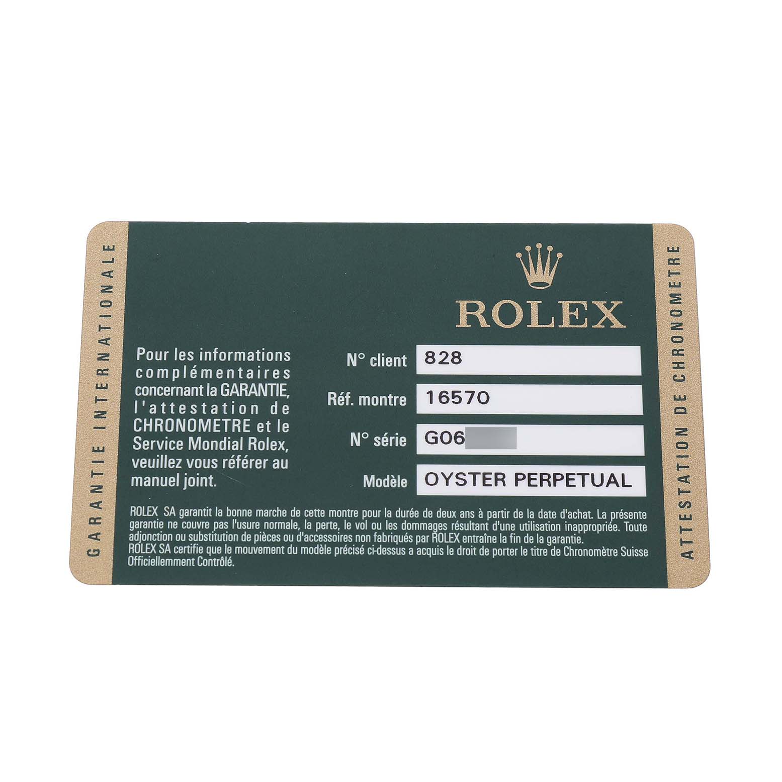 This image shows a warranty card for a Rolex Explorer 16570 Men's Stainless Steel White Dial model, including reference and serial numbers.