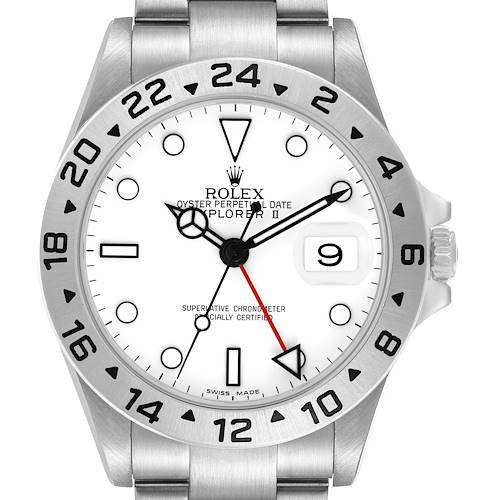 The Rolex Explorer 16570 Men's Stainless Steel White Dial II watch is shown from a front angle, highlighting the dial, bezel, and bracelet.