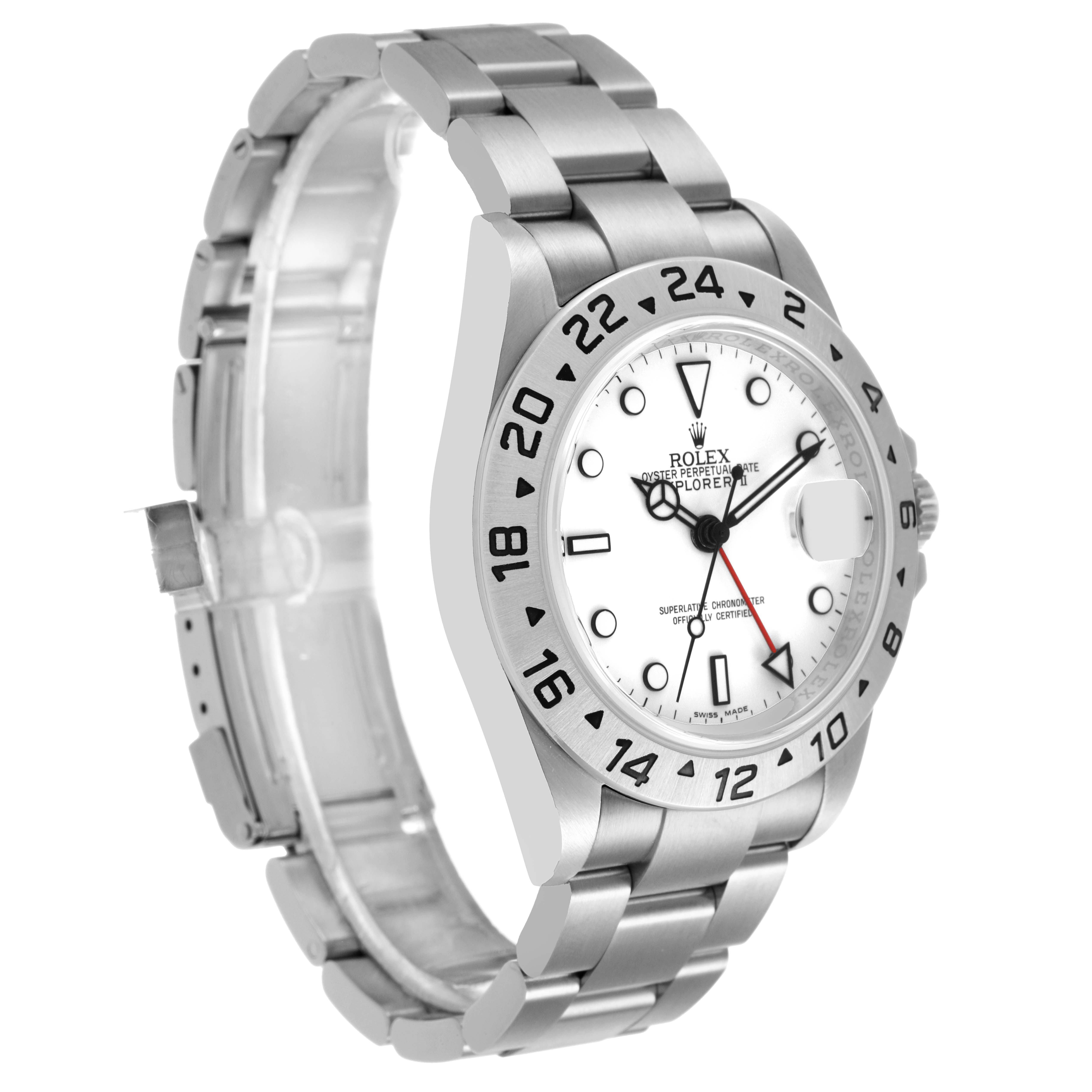 The Rolex Explorer 16570 Men's Stainless Steel White Dial watch is shown at a three-quarter angle, highlighting its face, bezel, and bracelet.