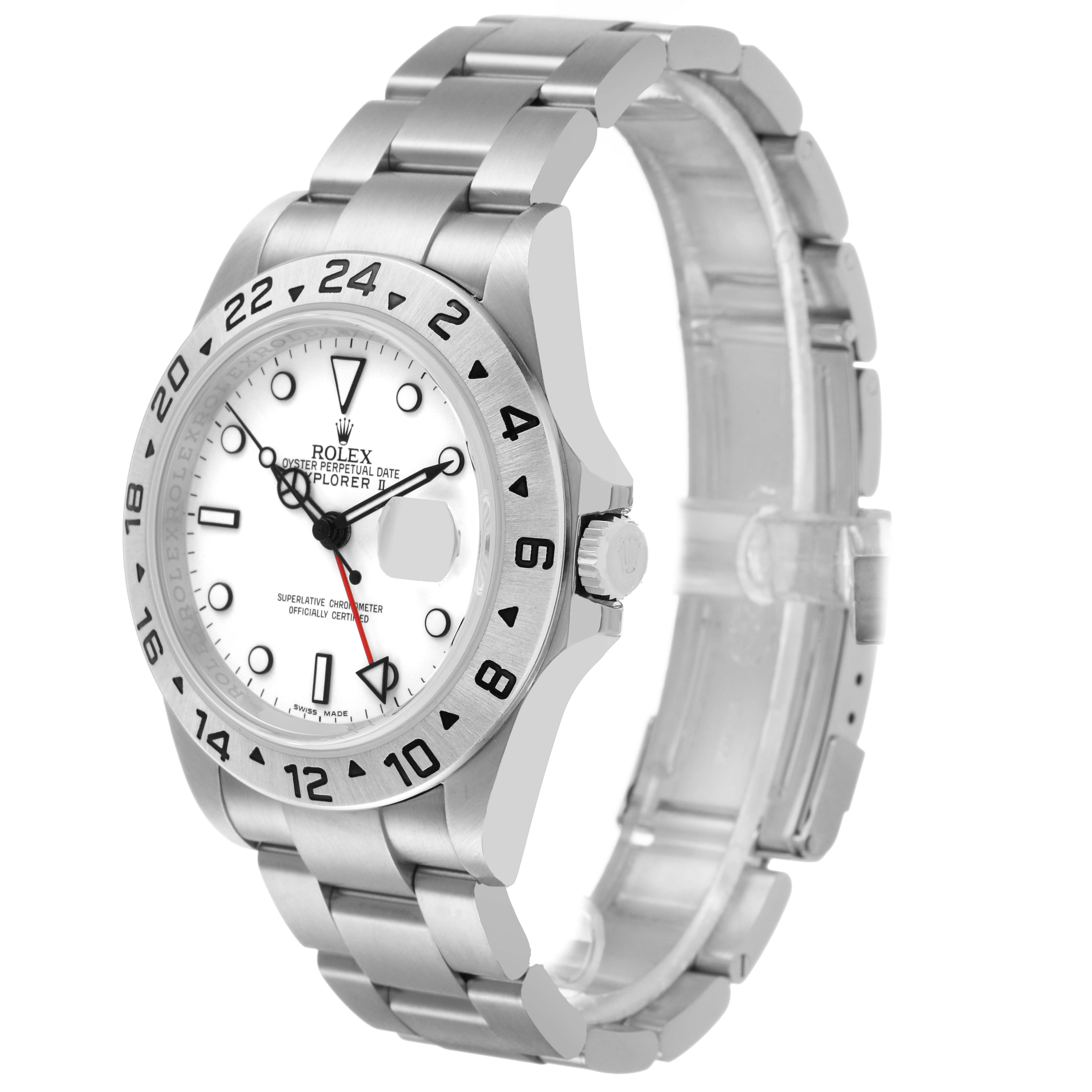 The Rolex Explorer 16570 Men's Stainless Steel White Dial model is shown at a three-quarter angle, highlighting the face, bezel, crown, and bracelet.