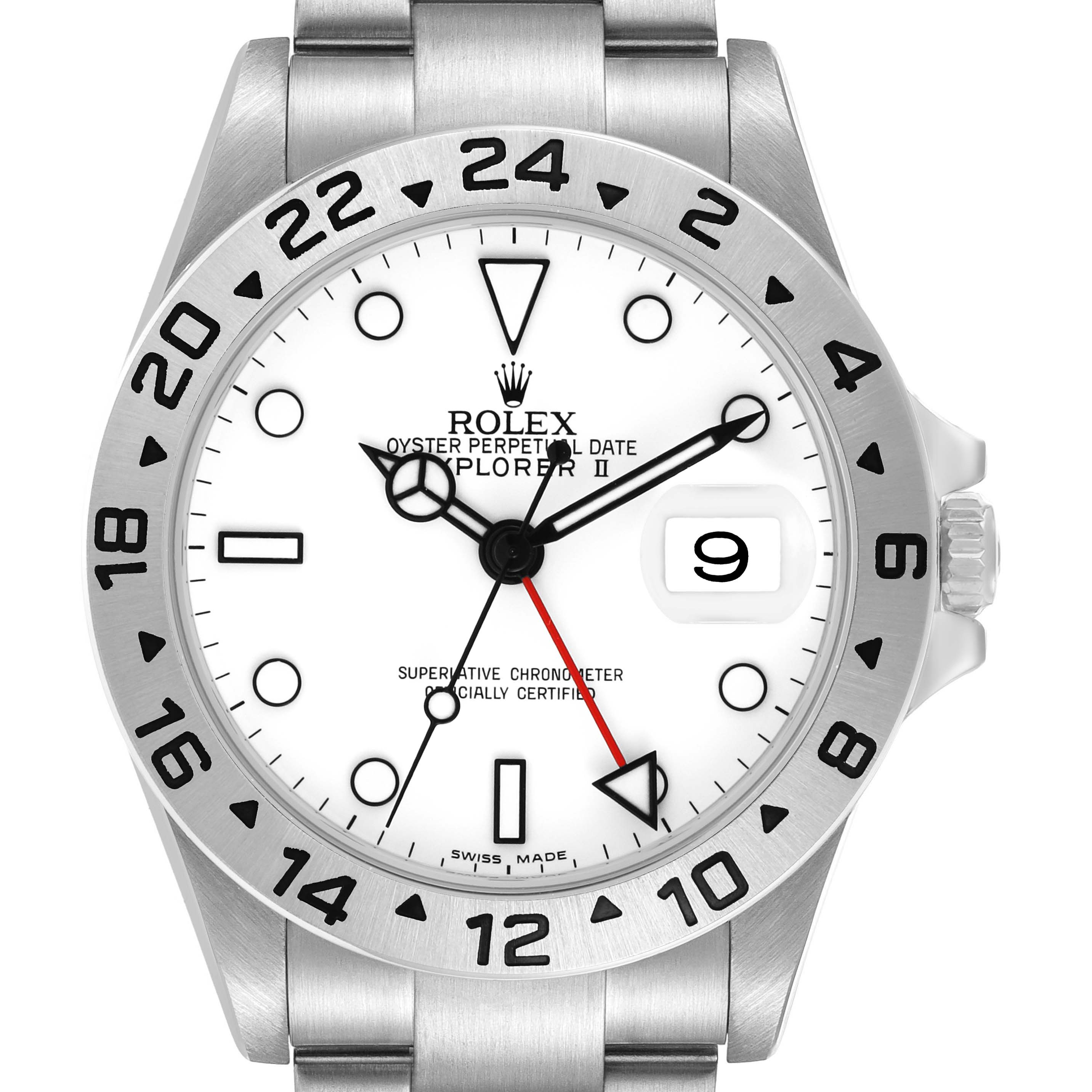 The Rolex Explorer 16570 Men's Stainless Steel White Dial watch is shown from a front view, highlighting its face, bezel, crown, and part of the metal bracelet.