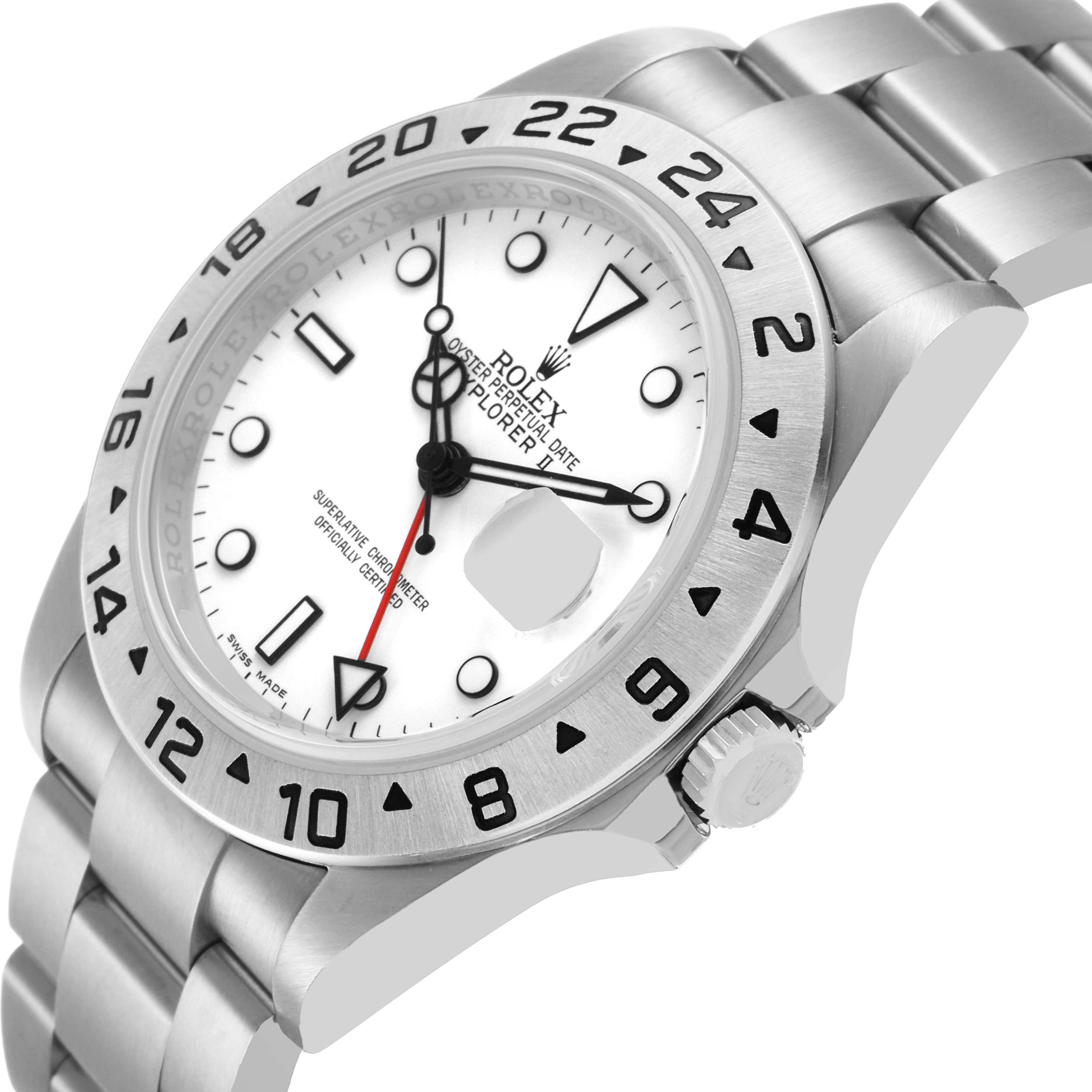 The image shows a Rolex Explorer 16570 Men's Stainless Steel White Dial with a partial side angle, displaying its bezel, crown, and bracelet.