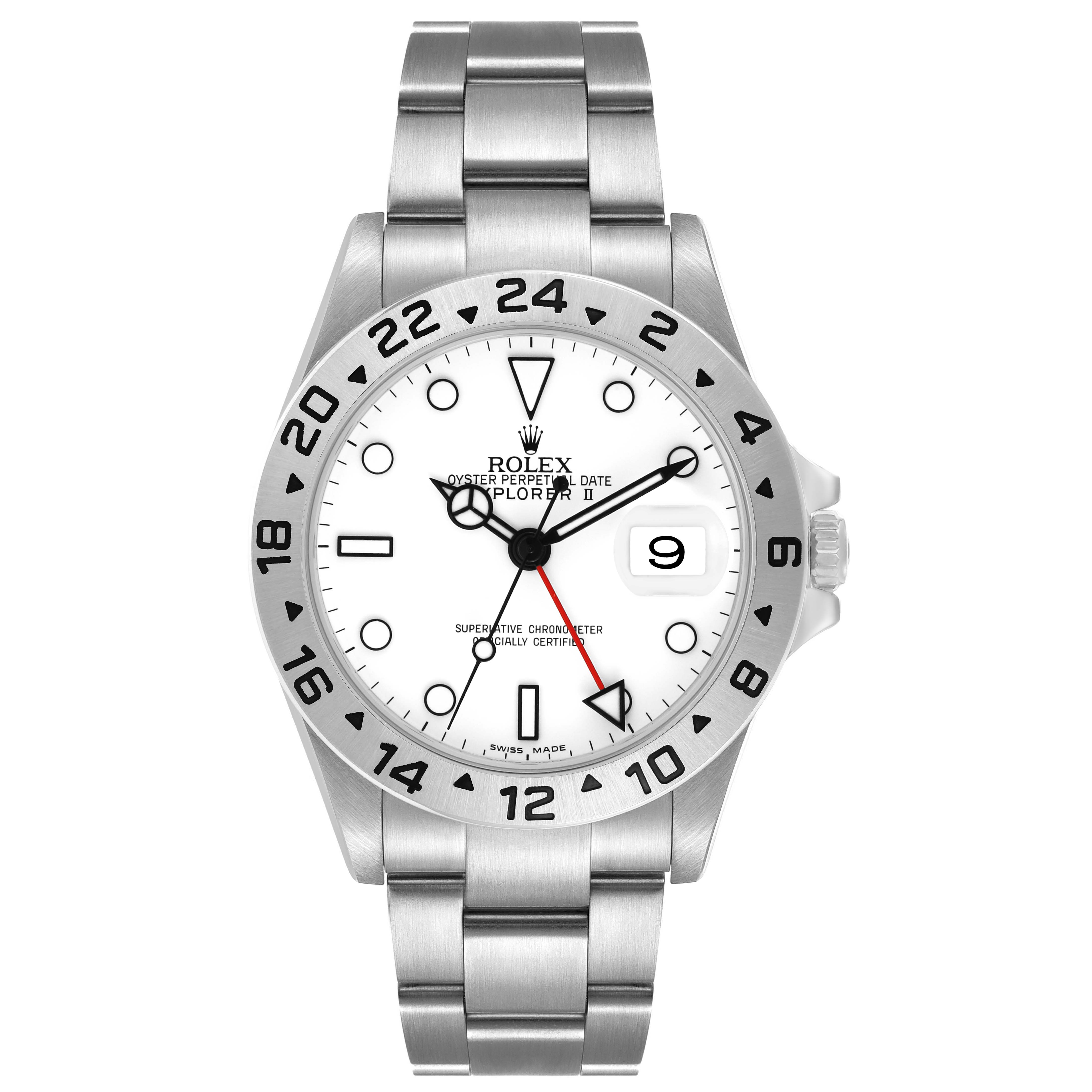 The Rolex Explorer 16570 Men's Stainless Steel White Dial watch is shown from a front angle, displaying the face, bezel, bracelet, and crown.
