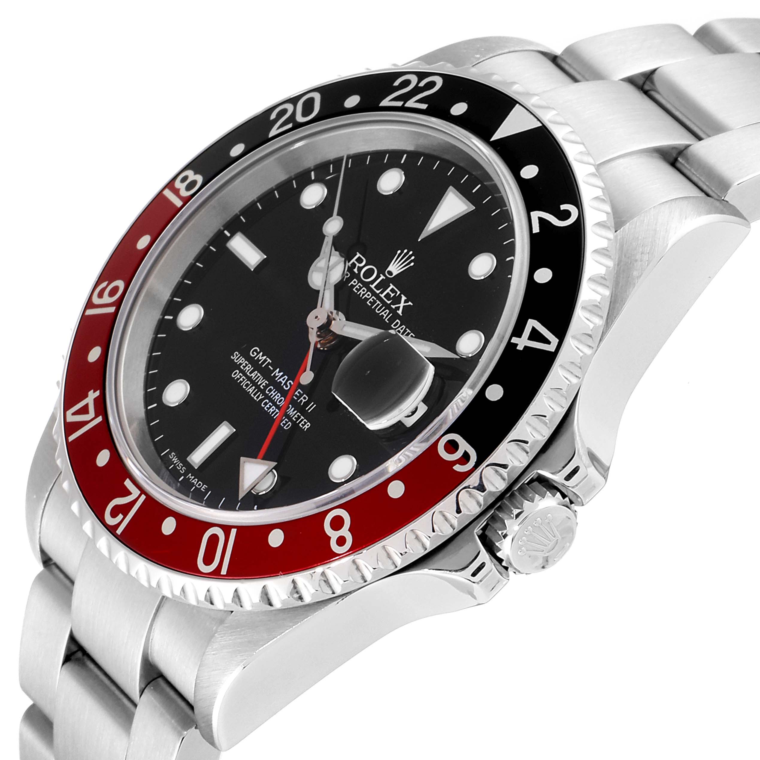 The image shows a Rolex GMT-Master 16710 Men's Stainless Steel Black Dial 16710 Men's Stainless Steel Black Dial watch at an angled side view focusing on its bezel, dial, and part of the bracelet.