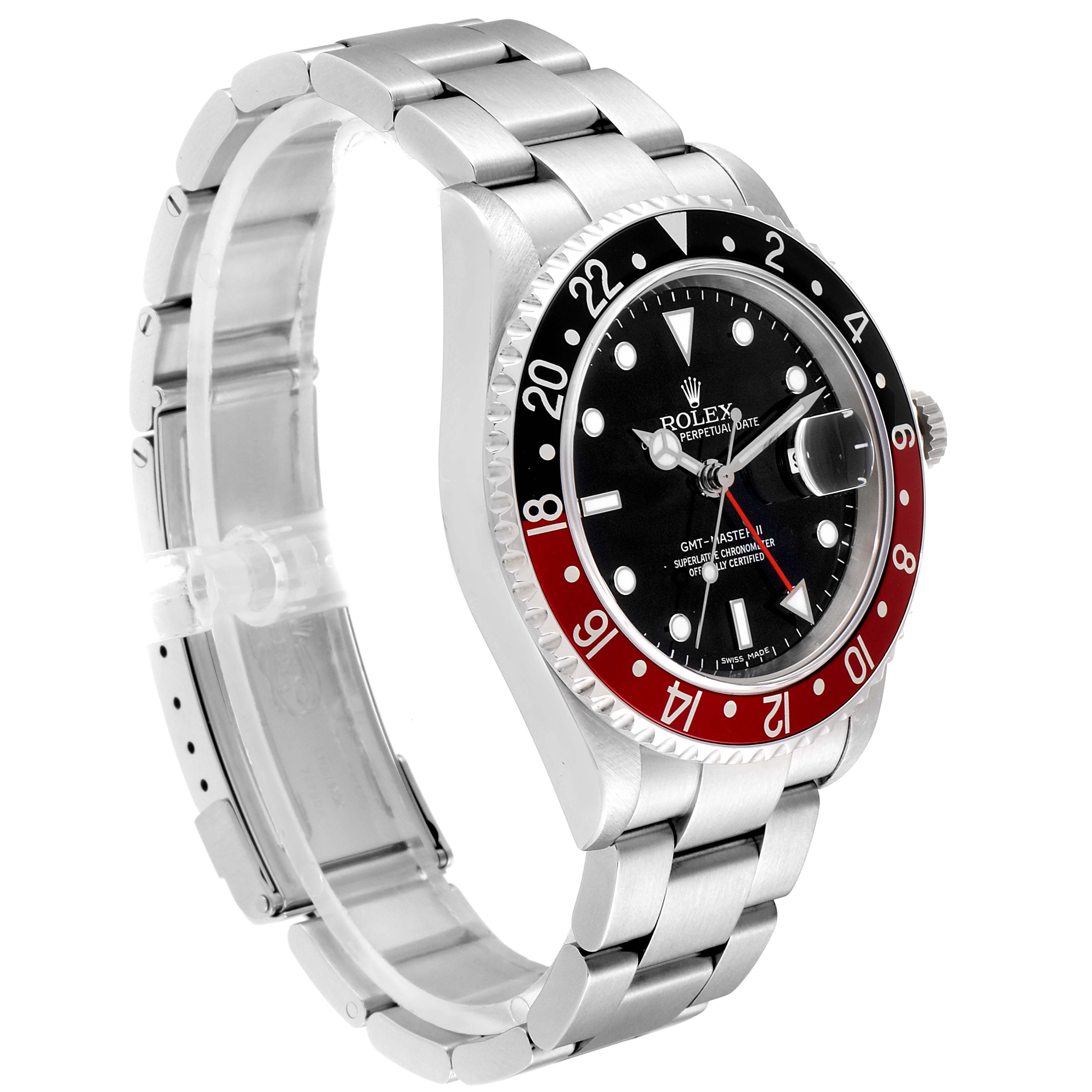 The image shows a side view of the Rolex GMT-Master 16710 Men's Stainless Steel Black Dial 16710 Men's Stainless Steel Black Dial watch, highlighting its bezel, dial, and bracelet.