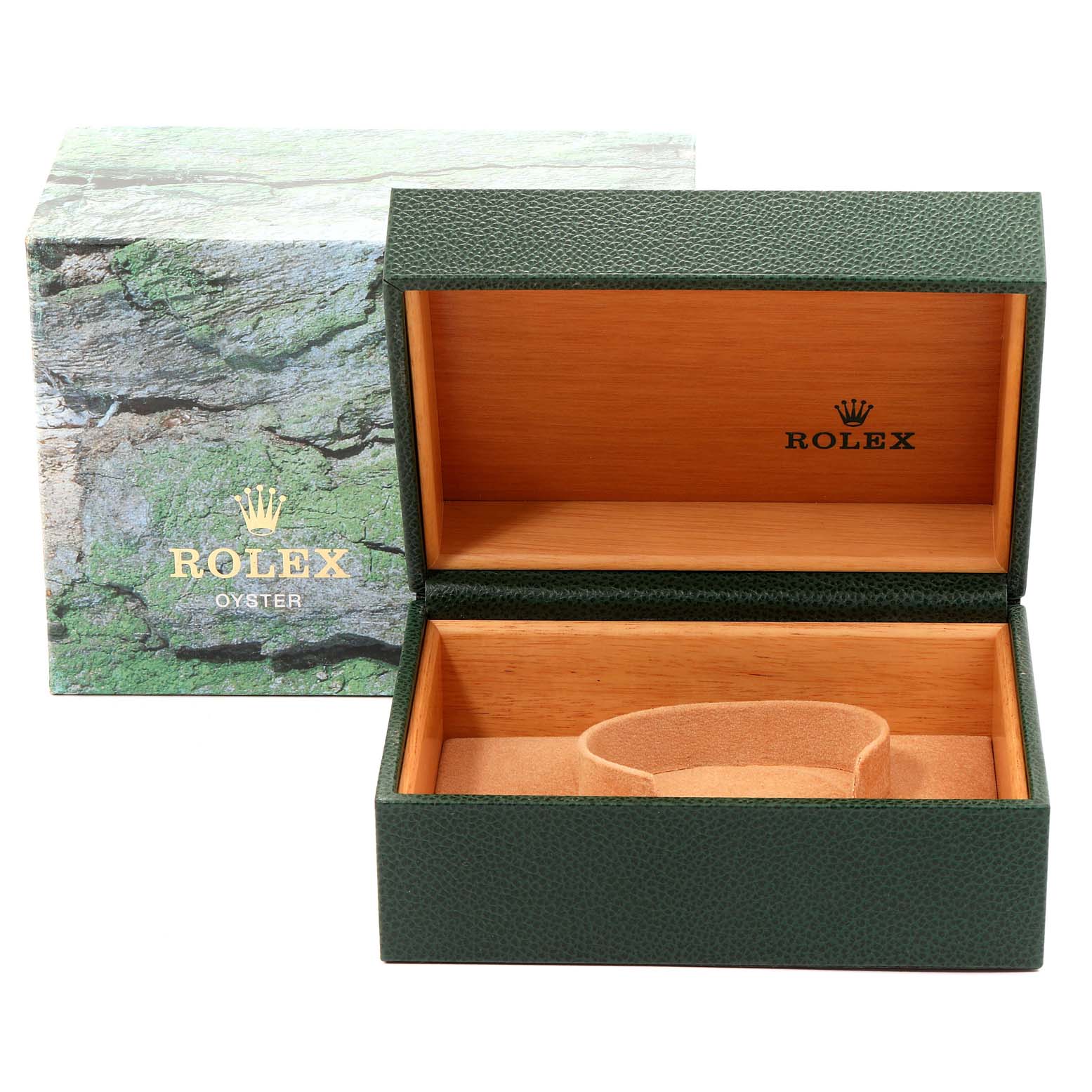 The image shows an open Rolex GMT-Master 16710 Men's Stainless Steel Black Dial 16710 Men's Stainless Steel Black Dial watch box, displaying its inner wooden lining and cushion, with the outer packaging visible behind.