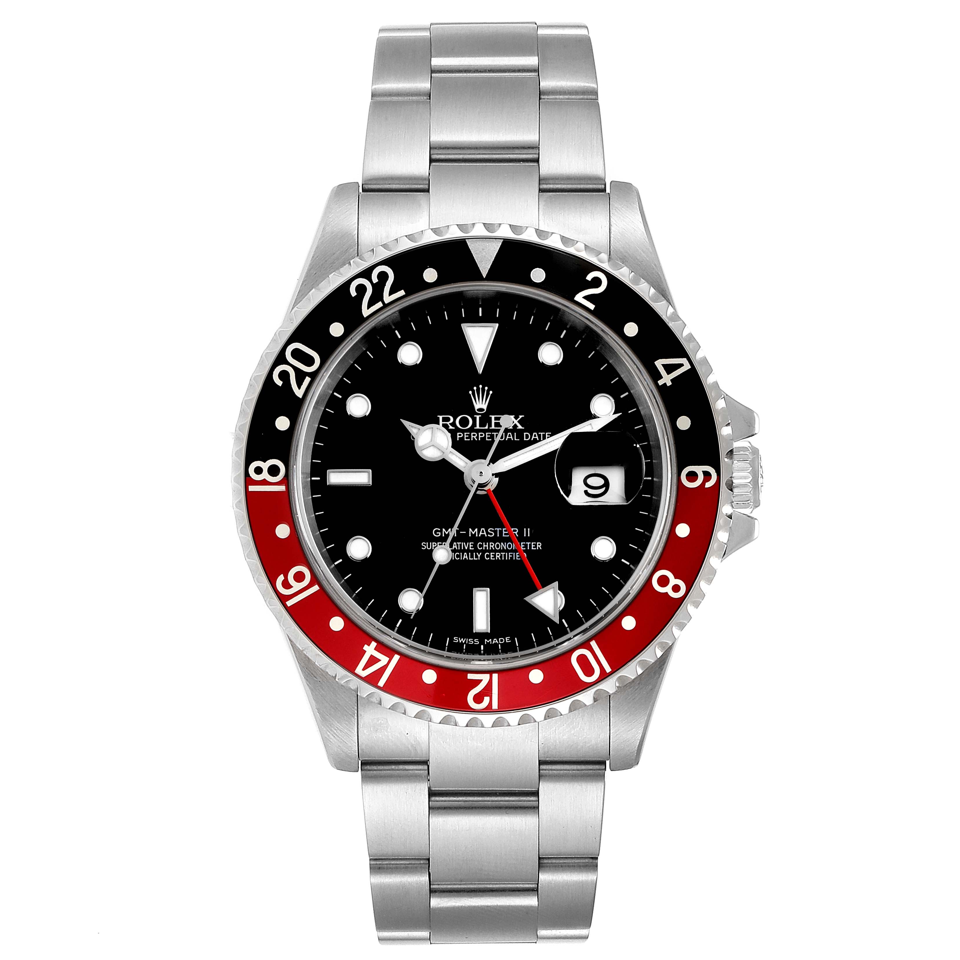 This Rolex GMT-Master 16710 Men's Stainless Steel Black Dial 16710 Men's Stainless Steel Black Dial watch is shown from a front angle, displaying its face, bezel, dial, and stainless steel bracelet.