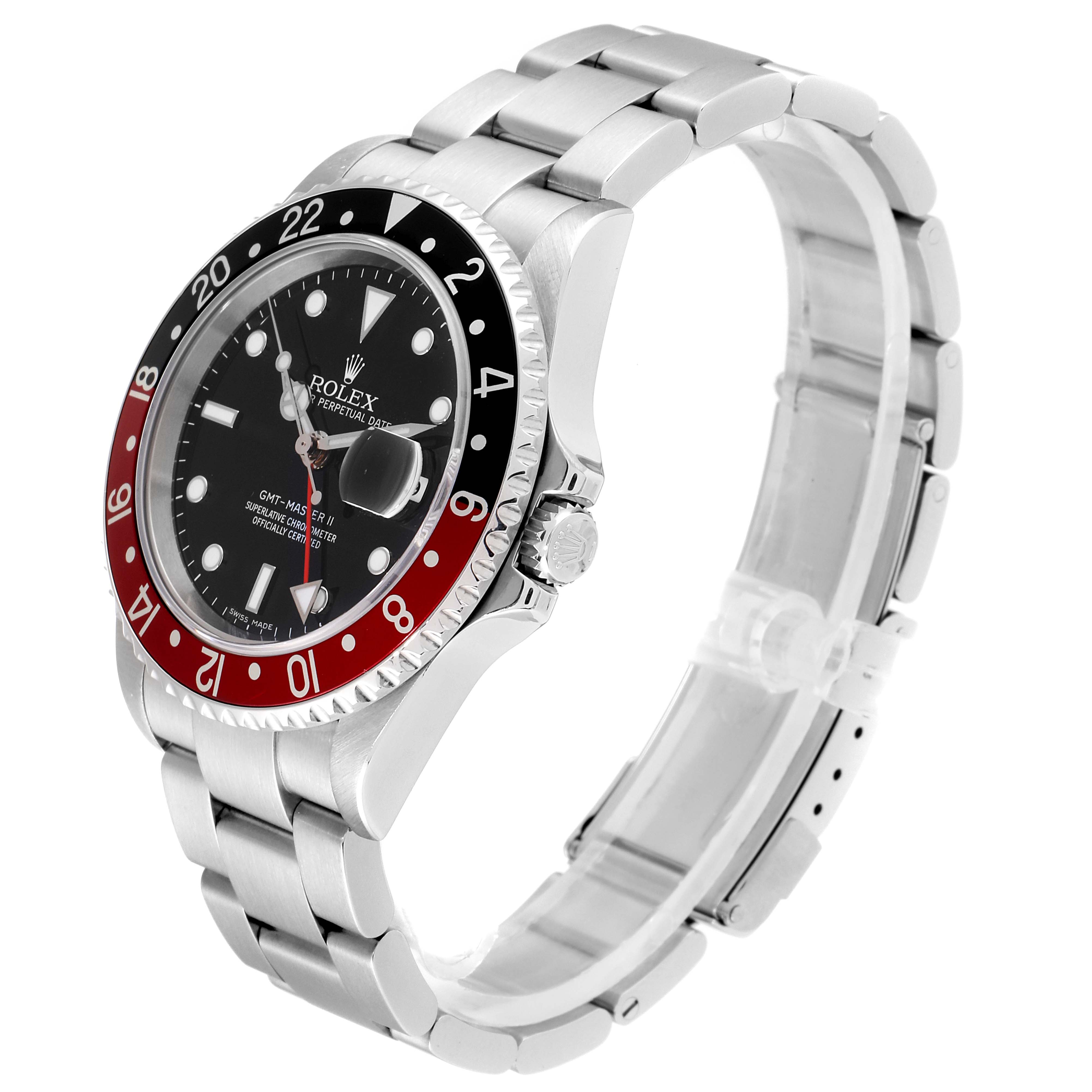 The image shows a side and angled view of a Rolex GMT-Master 16710 Men's Stainless Steel Black Dial 16710 Men's Stainless Steel Black Dial watch, highlighting its bezel, dial, and bracelet.