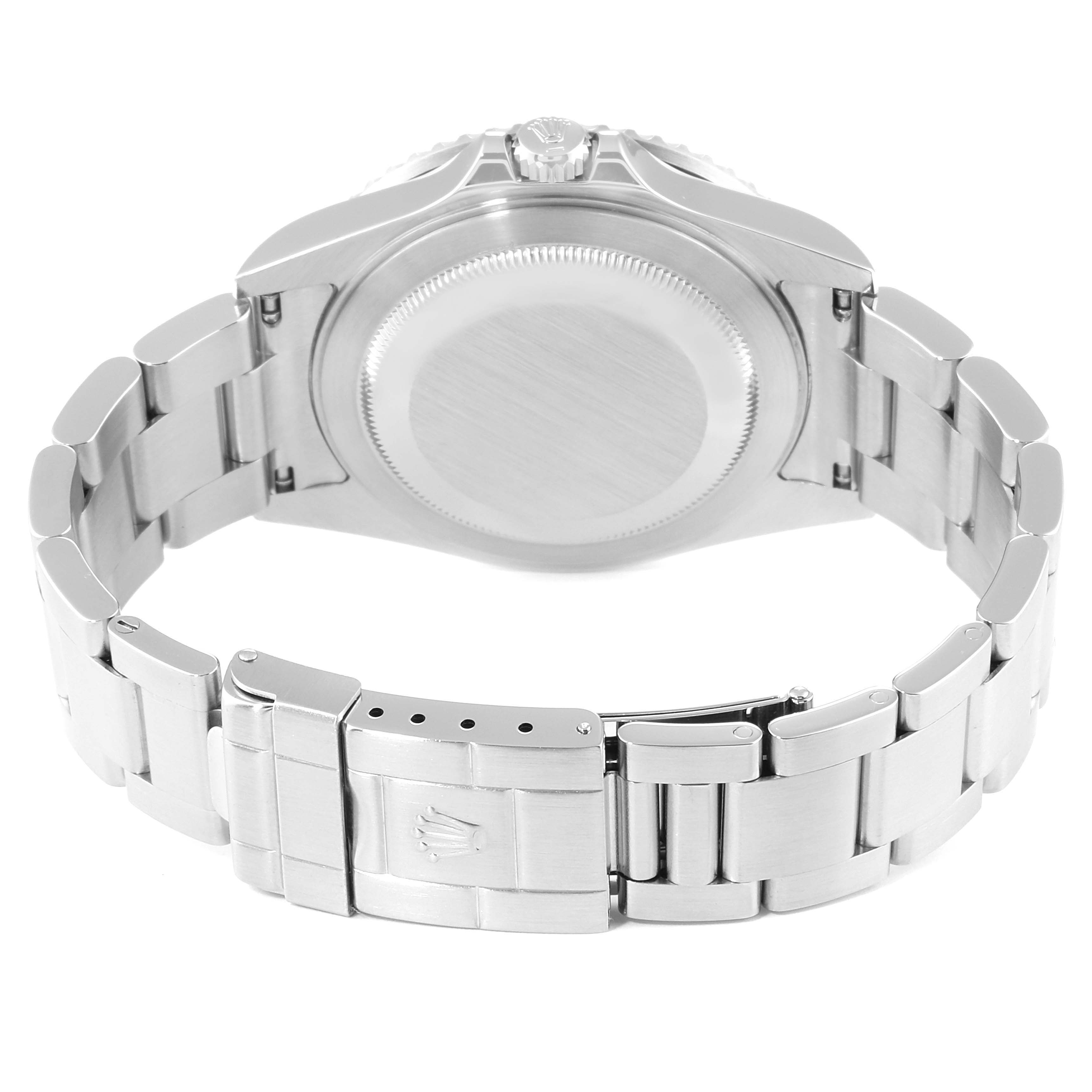 The image shows the back, bracelet, clasp, and crown of a Rolex GMT-Master 16710 Men's Stainless Steel Black Dial 16710 Men's Stainless Steel Black Dial watch.