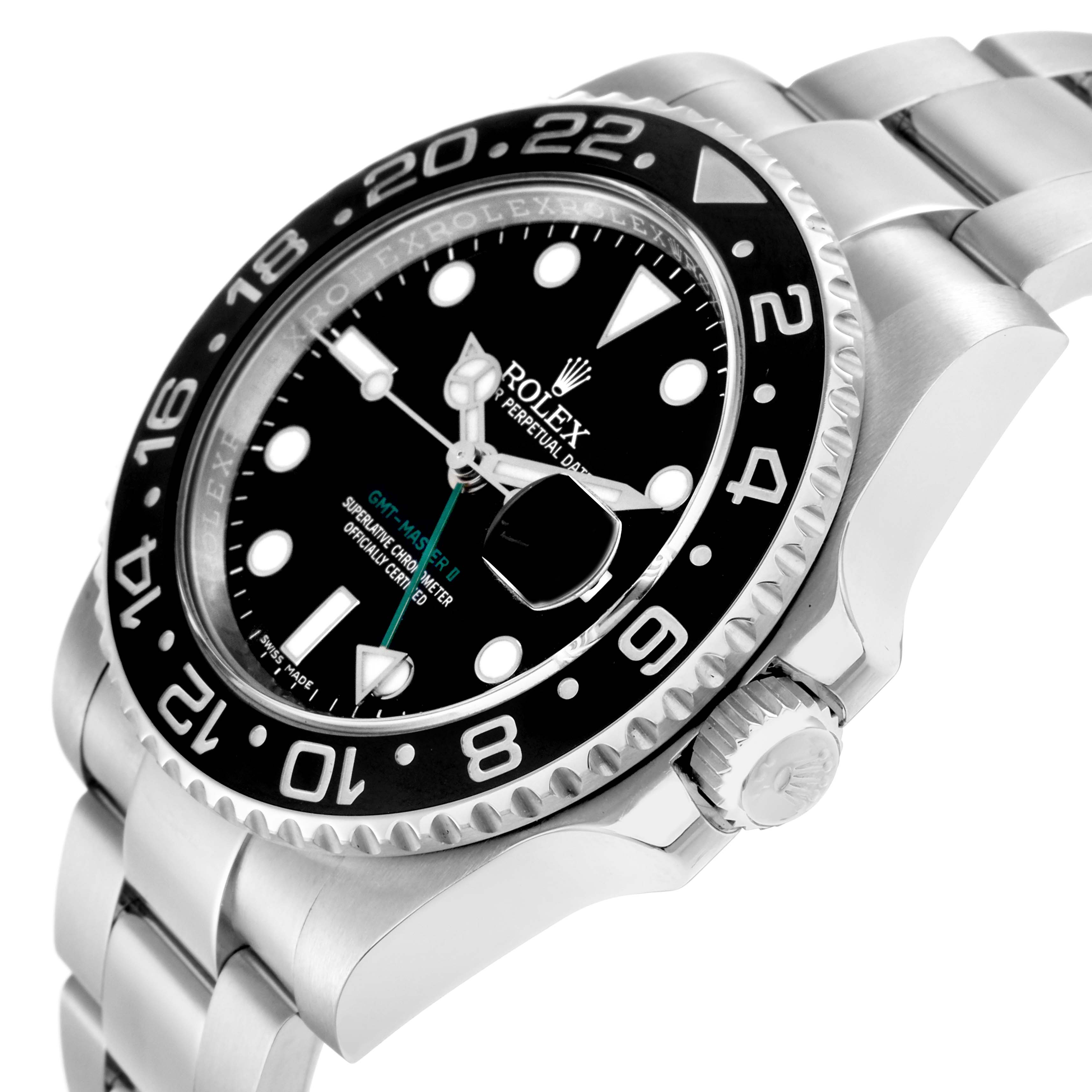 The image shows a Rolex GMT-Master 116710 Men
s Stainless Steel Black Dial watch at an angled side view, highlighting the bezel, dial, crown, and part of the bracelet.