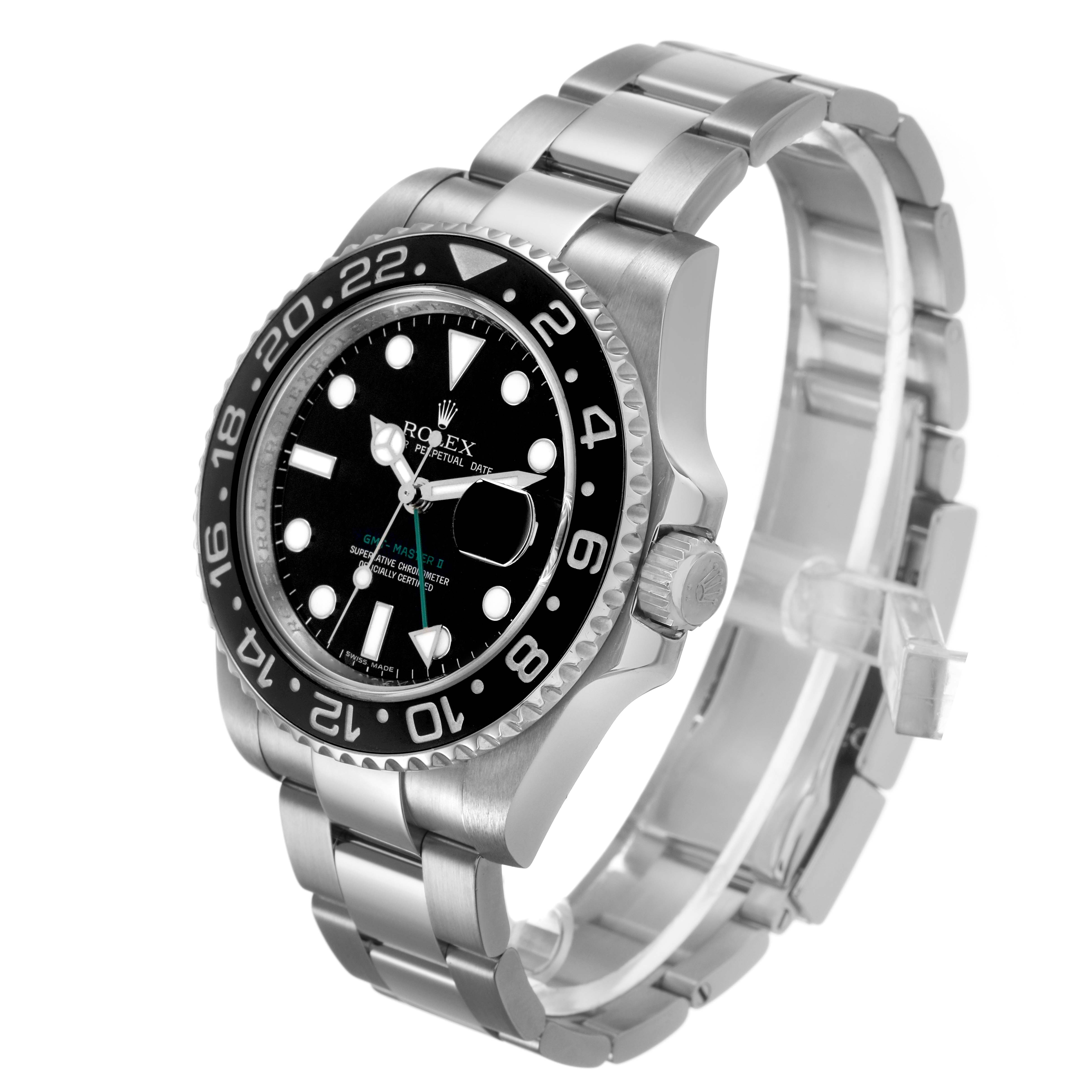 The Rolex GMT-Master 116710 Men's Stainless Steel Black Dial is shown at a three-quarter angle, showcasing the bezel, dial, case, and metal bracelet.