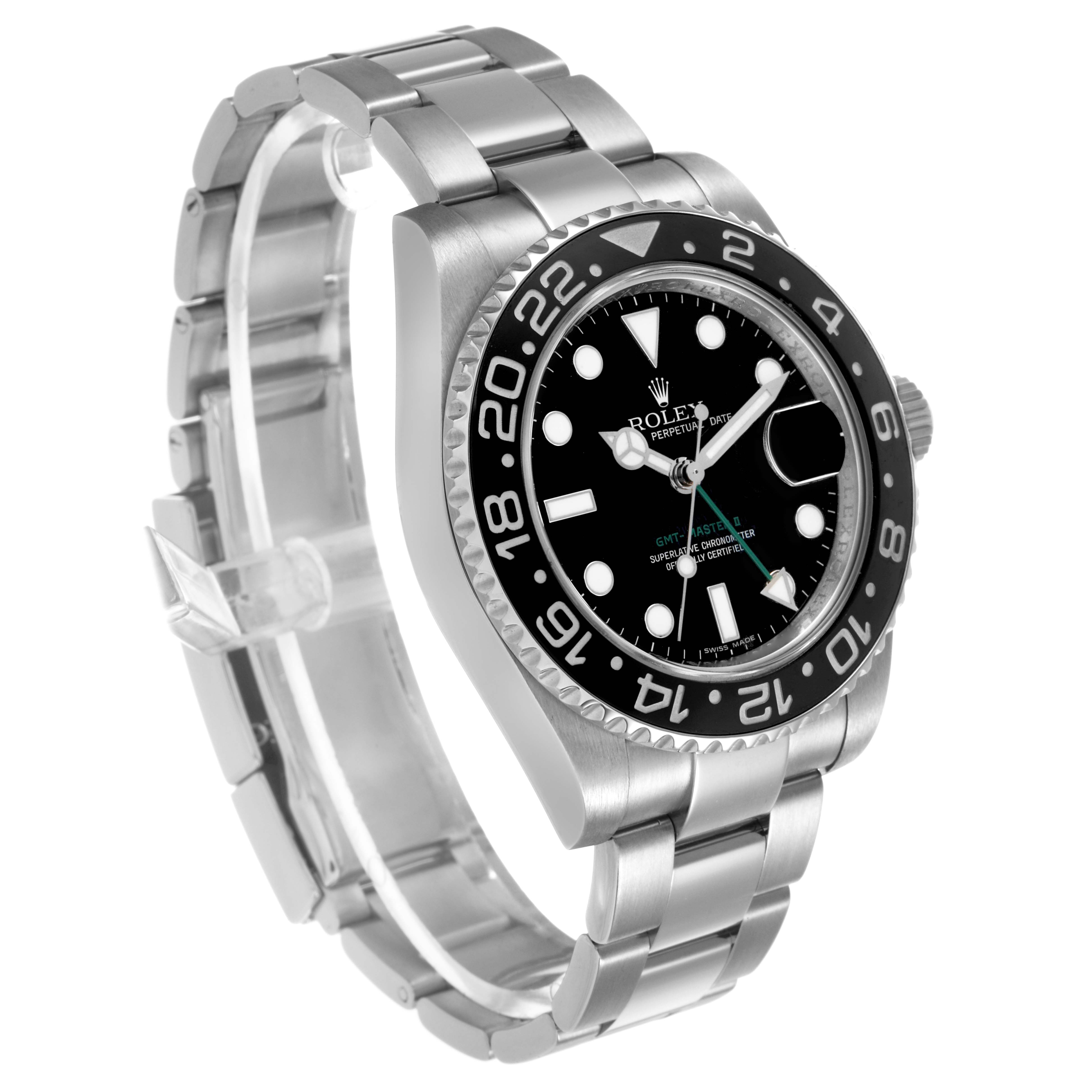 The Rolex GMT-Master 116710 Men's Stainless Steel Black Dial watch is shown at a three-quarter angle, displaying the bezel, dial, and bracelet prominently.