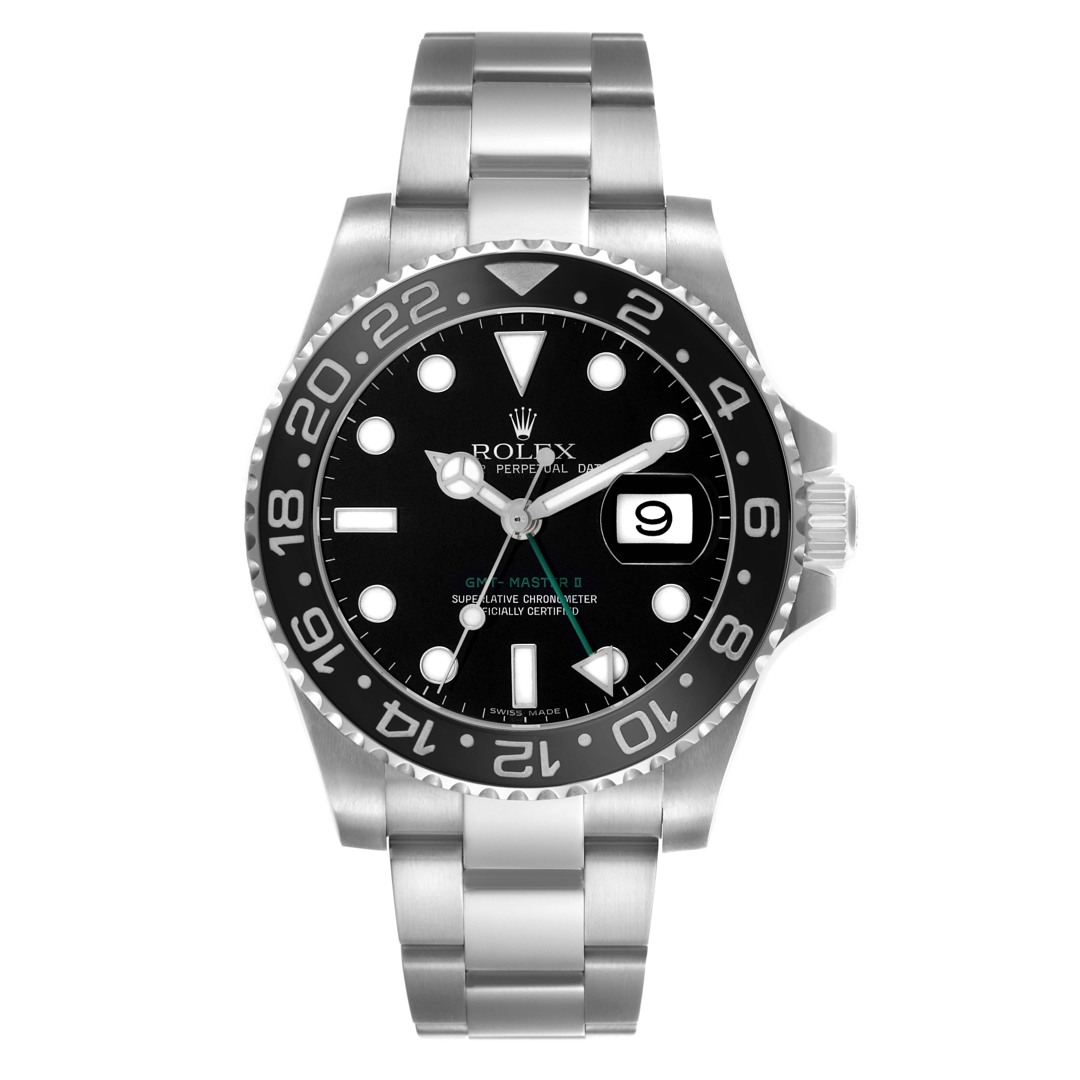 The image shows a Rolex GMT-Master 116710 Men's Stainless Steel Black Dial watch from a front view, displaying the face, bezel, and bracelet.