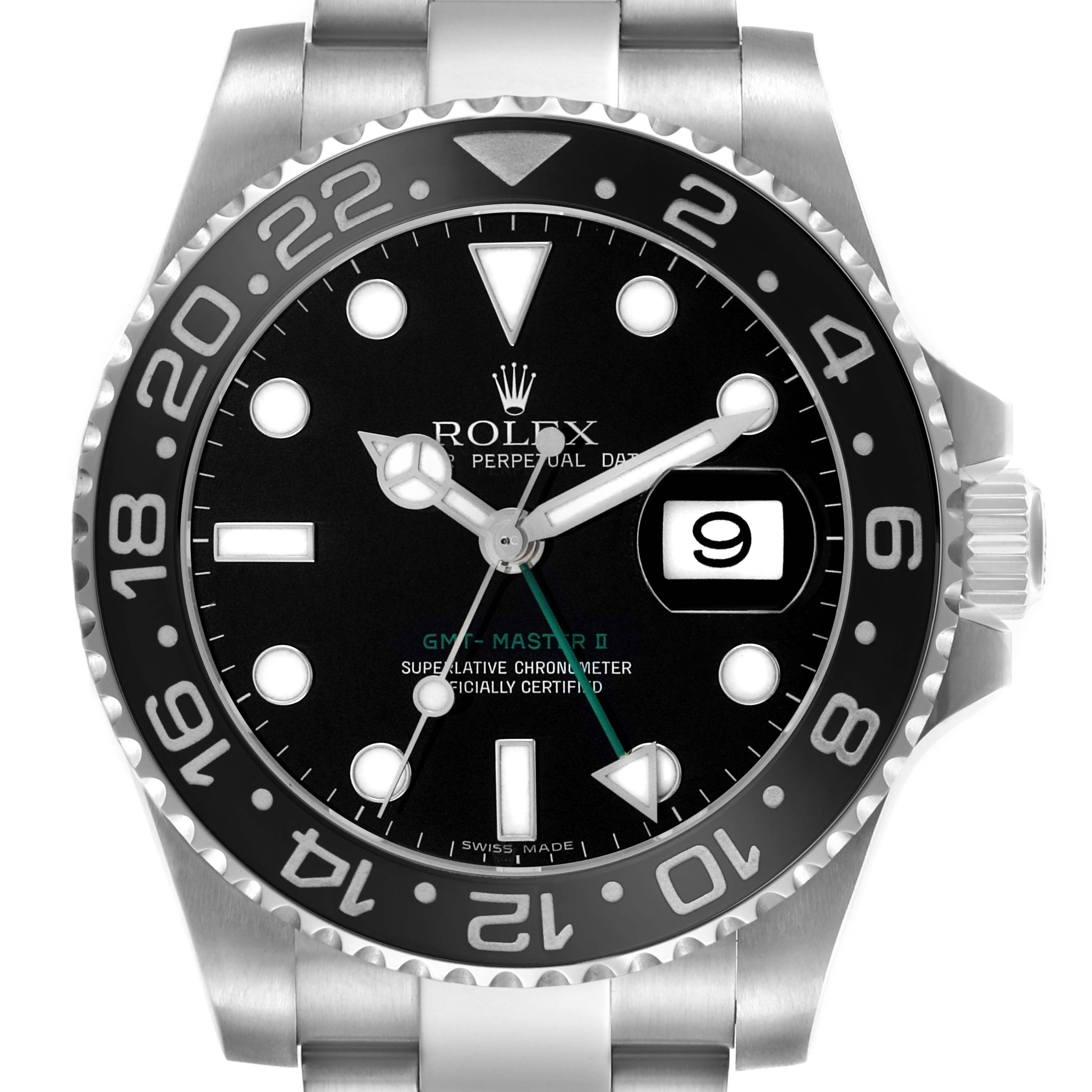 The image shows a front view of a Rolex GMT-Master 116710 Men's Stainless Steel Black Dial II watch, highlighting the dial, bezel, and bracelet.