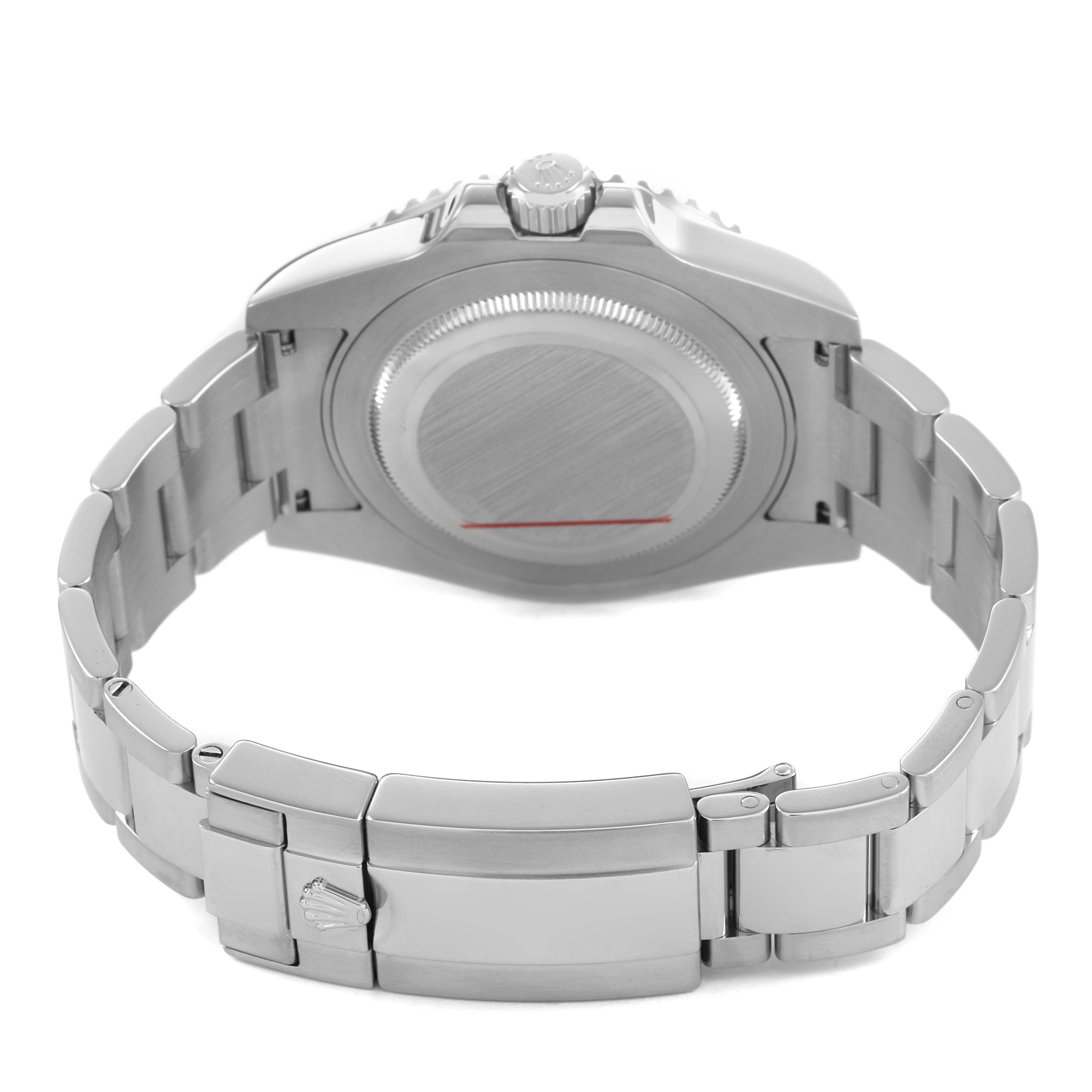 The image shows the back case and bracelet of the Rolex GMT-Master 116710 Men's Stainless Steel Black Dial watch from a rear angle.