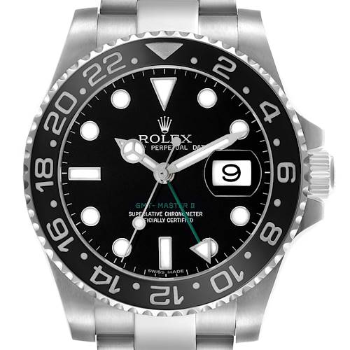 The image shows a frontal view of the Rolex GMT-Master 116710 Men's Stainless Steel Black Dial II watch, highlighting the black bezel, dial, and date window.