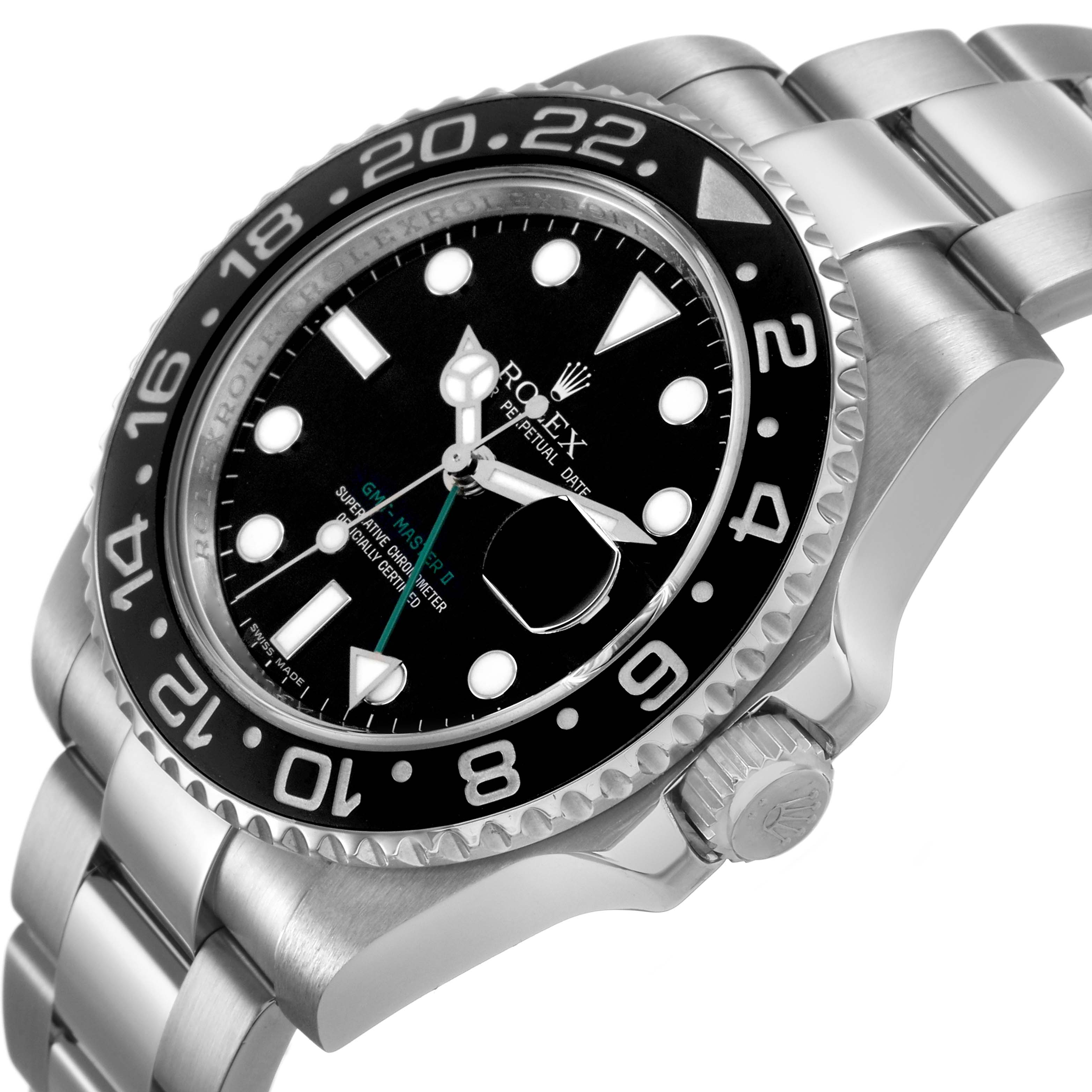 The Rolex GMT-Master 116710 Men's Stainless Steel Black Dial is shown at a slight angle, displaying the watch face, bezel, crown, and part of the bracelet.