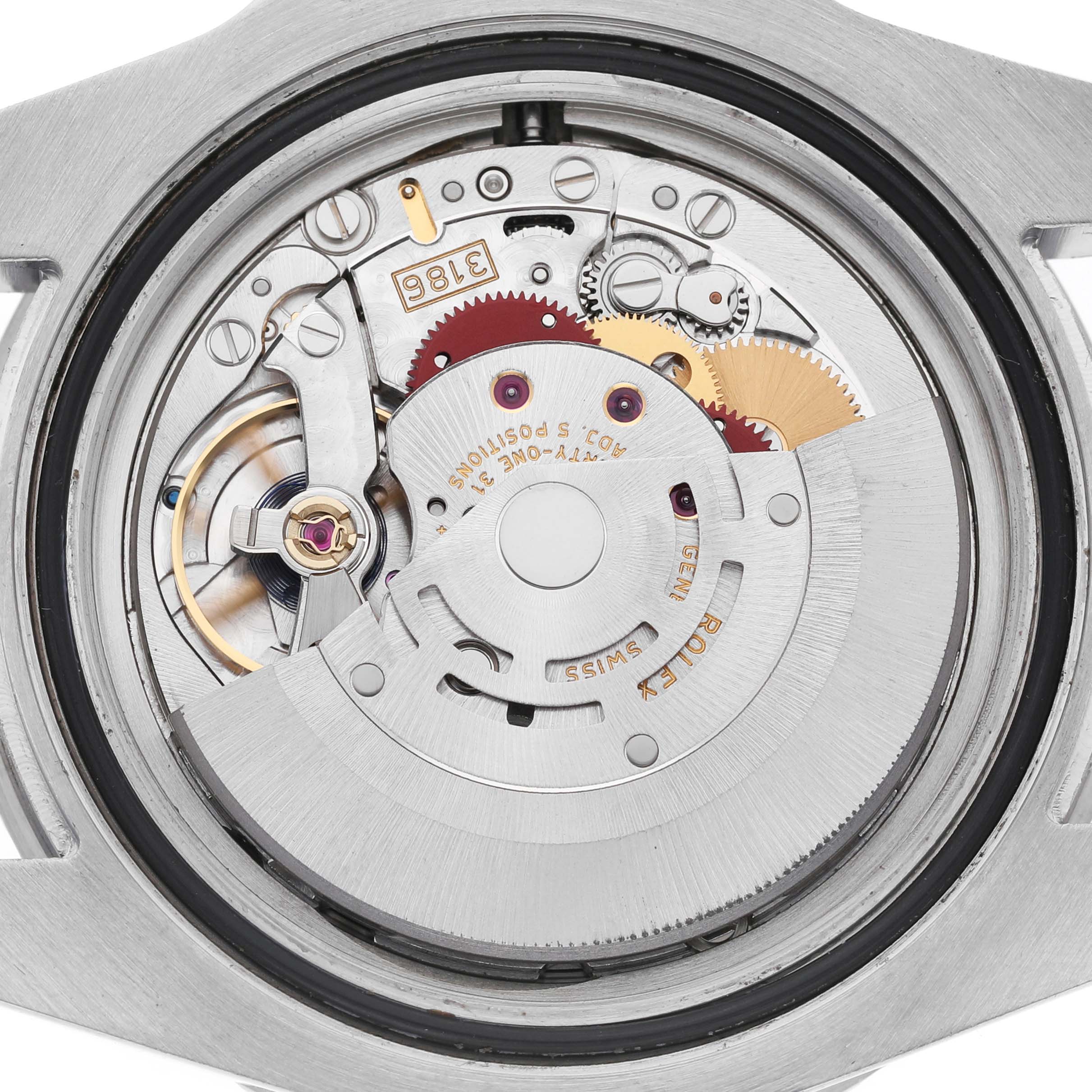 The image shows the movement of a Rolex GMT-Master 116710 Men's Stainless Steel Black Dial watch with gears and components visible from a rear angle.